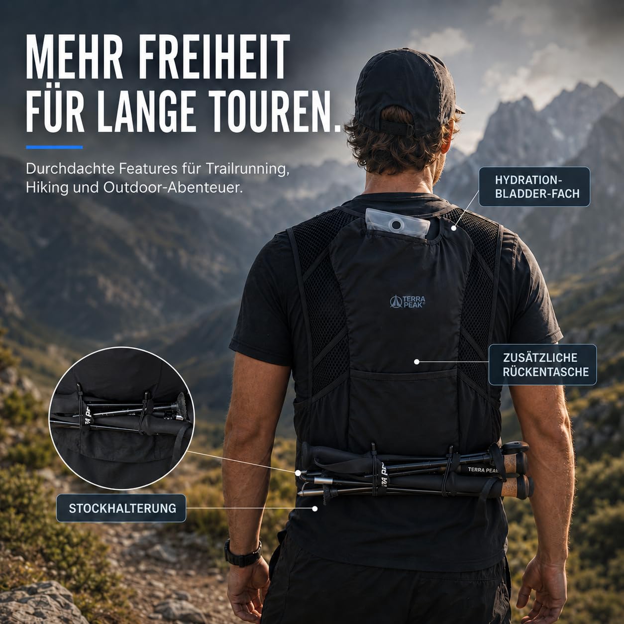 Terra Peak® VENA Laufweste 500ml Trinkflasche - Trinkweste Trinkrucksack Laufen Damen Herren S/M Schwarz Reflektierend - Trail Running Vest Hydration Pack mit Trinkblase-Fach, Stockhalter