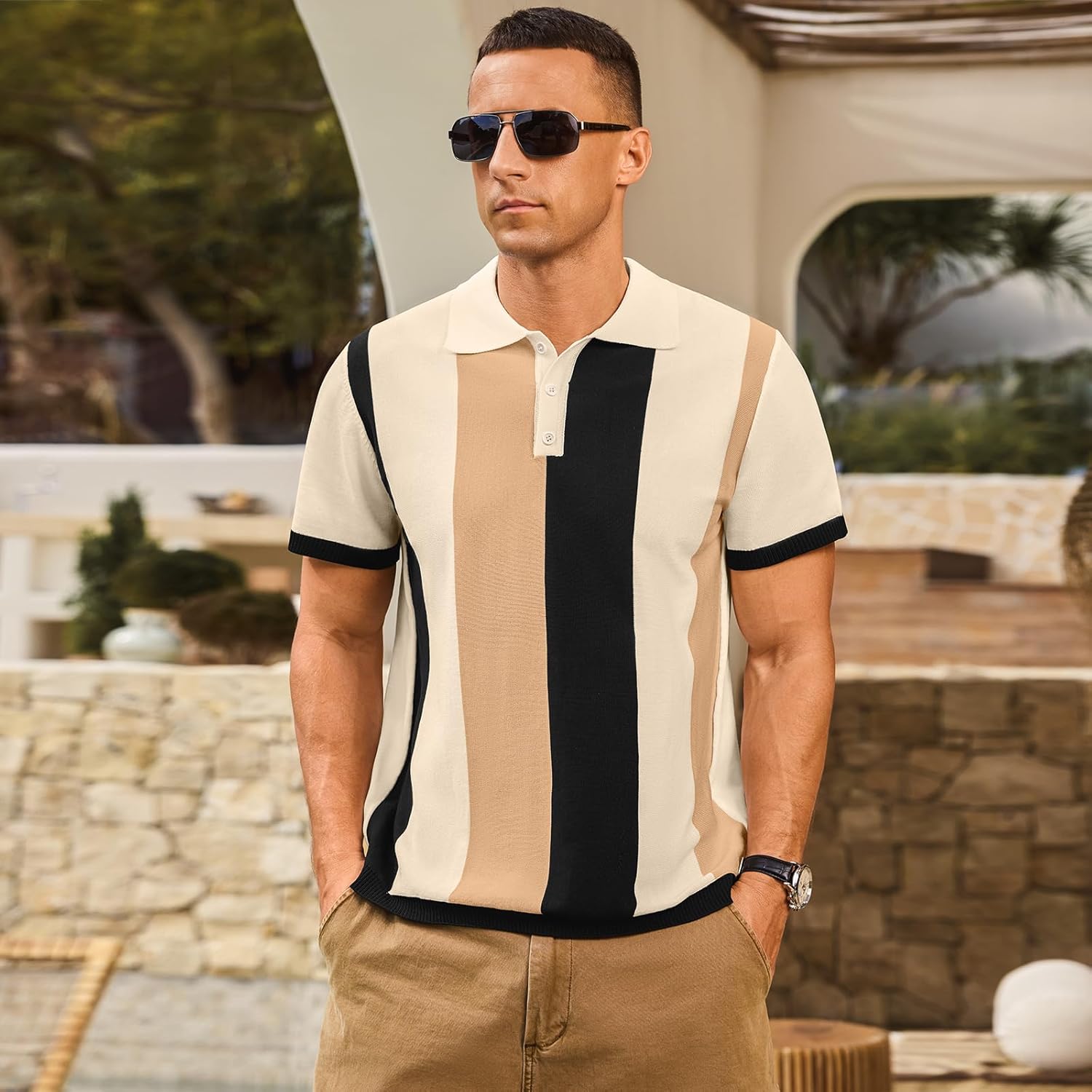 Men's Casual Polo Shirts Vintage Striped Knitting Button Down Shirts Golf Collared Shirts - Image 4