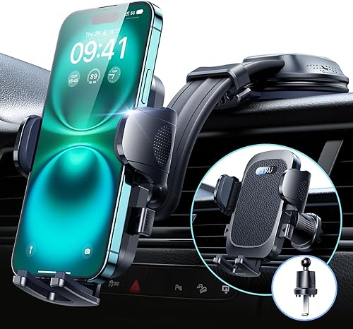 YRU Soporte para teléfono de coche más seguro y resistente mejorado, brazo flexible 【Succión giratoria de 360° y nunca bloquea la vista】Soporte de
