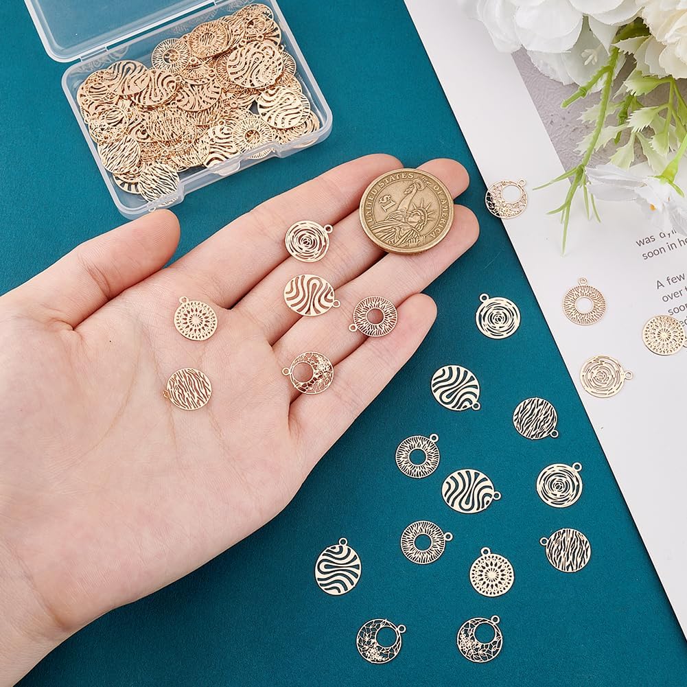 PH PandaHall 120pcs 6 Styles Brass Filigree Pendants, Flat Round Gold Charms Bulk Metal Pendants Hollow Metal Charms for DIY Bracelet Earring Necklace Jewelry Making - Image 3