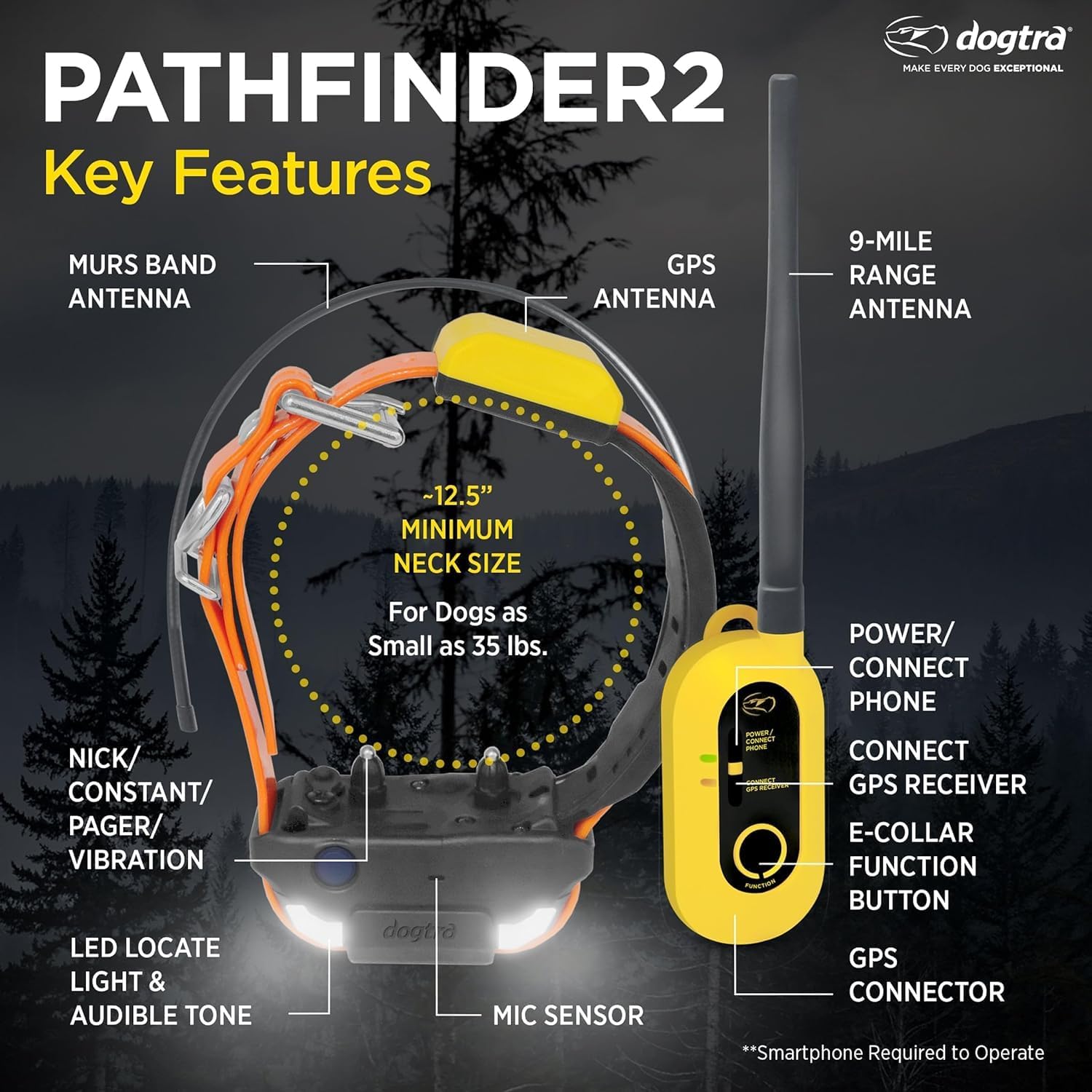 Dogtra Pathfinder 2 GPS Tracker e Collar + Add-on Receiver Black | 9 Mile, LED Light, No Monthly Fees, Free App, Waterproof, Smartwatch Control, Satellite Tracking, Multiple Dogs, Smartphone Required