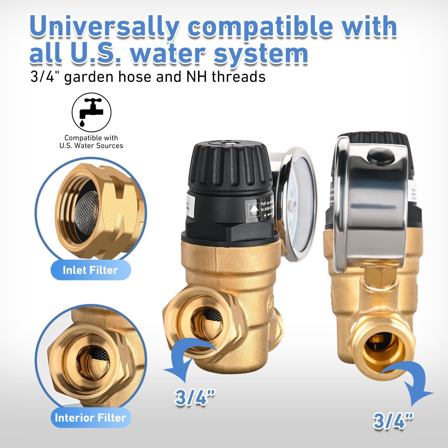 Nilight RV Water Pressure Regulator for RV Camper, Adjustable Handle Water Pressure Regulator Valve with Gauge and Inlet Screen Filter, Brass Lead-free Reducer Valve Filter for Camper Travel Trailer - Image 5
