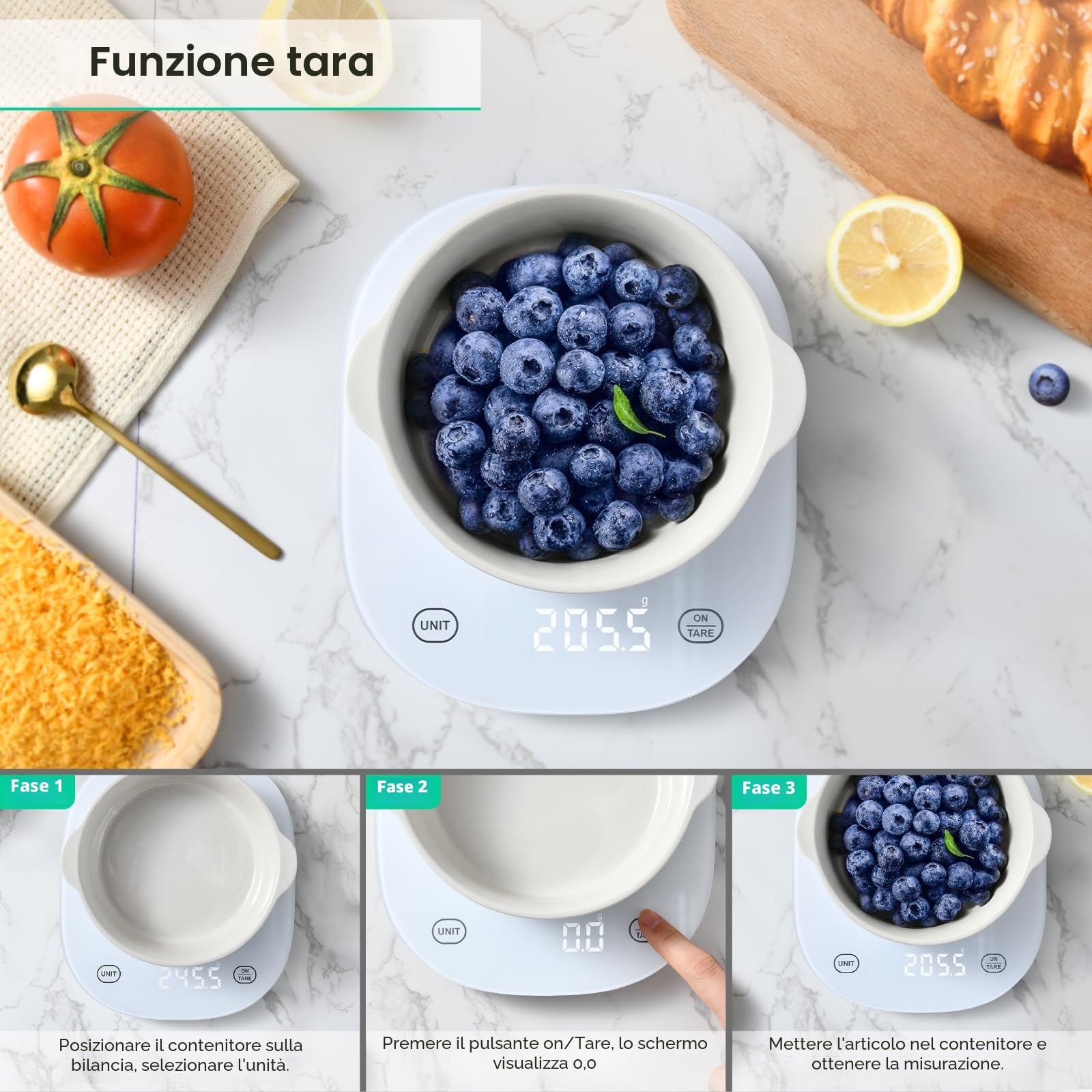 Bilancia da Cucina Digitale arboleaf Bilancia Cucina Bilancia da Cucina con Calcolatrice Nutrizionale, Funzione Tara, Ricaricabile USB, 10 kg/22 lb