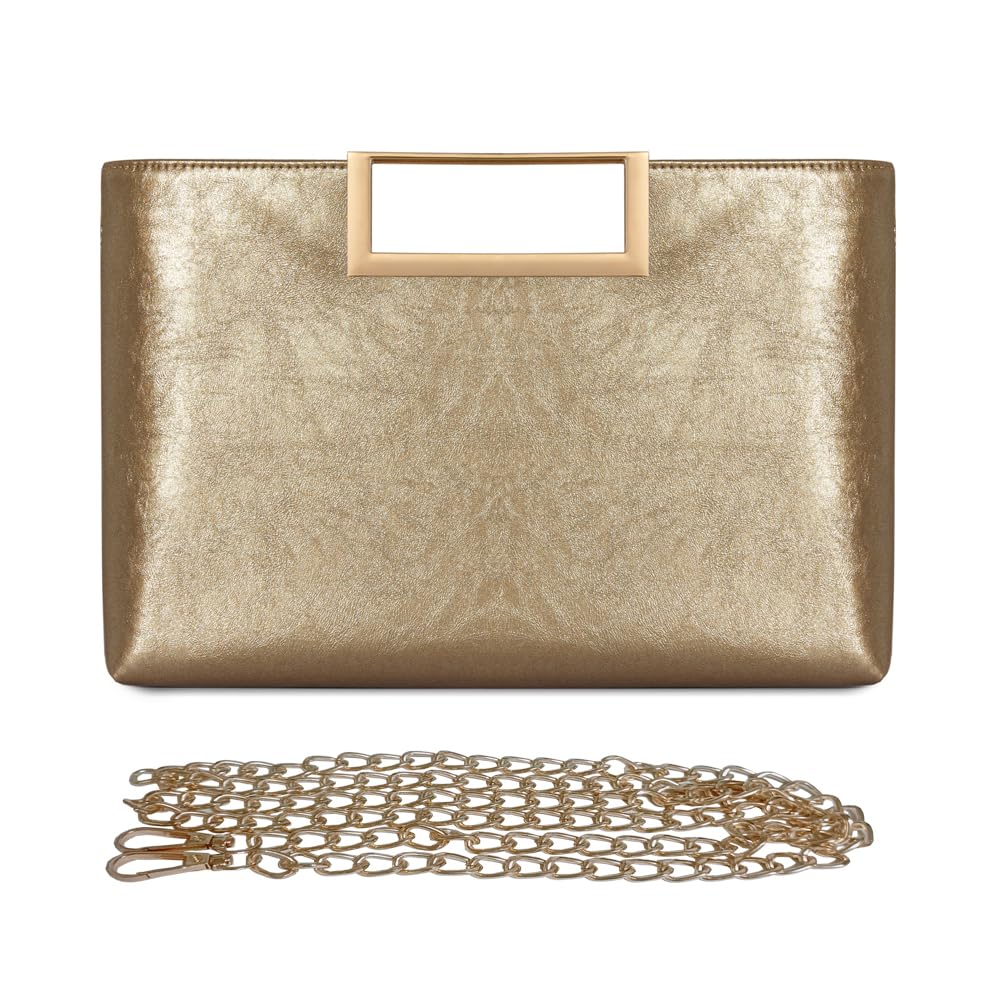 NIGEDU Women Clutch Purse PU Leather Chain Crossbody Bags Shiny Oversize Clutches Female Handbag Purses, Gold