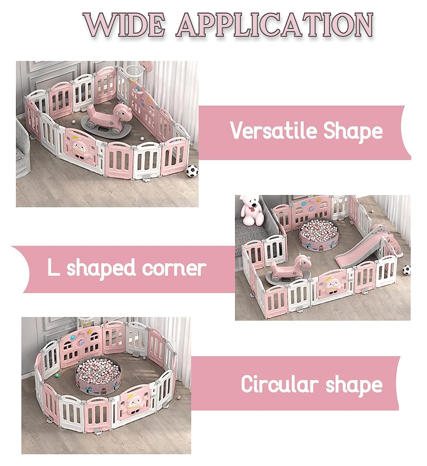 Metreno Playpen for Babies Upto 5 Year Baby Play Area Indoor Setup Foldable Play Yard Fence for Toddlers Kids Playarea Setup Outdoor Children Play Area with Gate, Balls, Mat (Pink, 16 Panel) - Image 5 thumbnail