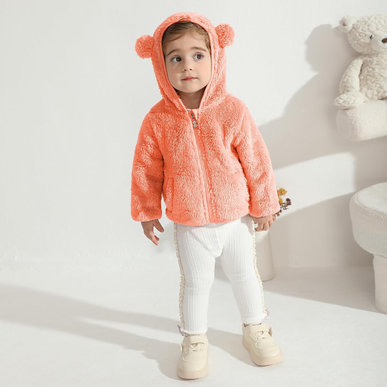 Adarl Baby Toddler Boys Girls Fleece Jacket with Hood Zip Up Cute Bear Coats for Infant Boys Girls Fuzzy Jacket with Ear 1-5T - Image 4