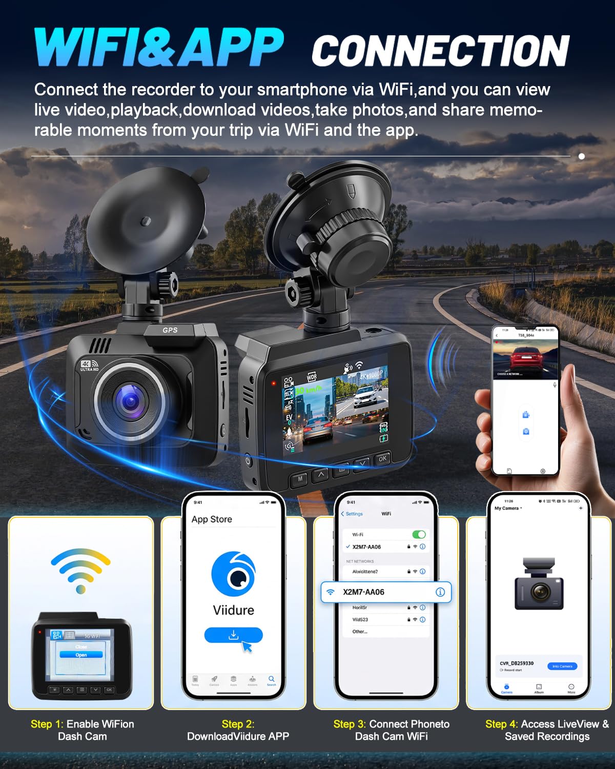 NHOPEEW Dashcam 4K para Coche con WiFi, GPS y G-Sensor | Cámara Trasera 1080P, Grabación en Bucle, Visión Nocturna, Monitor de Aparcamiento 24H, Pantalla de 2,4"