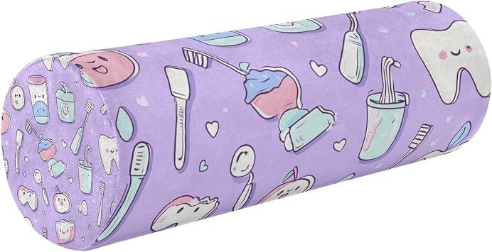 JUNZAN Cute Teeth Objects Dental Care Purple Round Bolster Pillows Pain Relief Memory Foam Neck Roll Cylinder Body Pillow Cover for Patients Couch Back Support