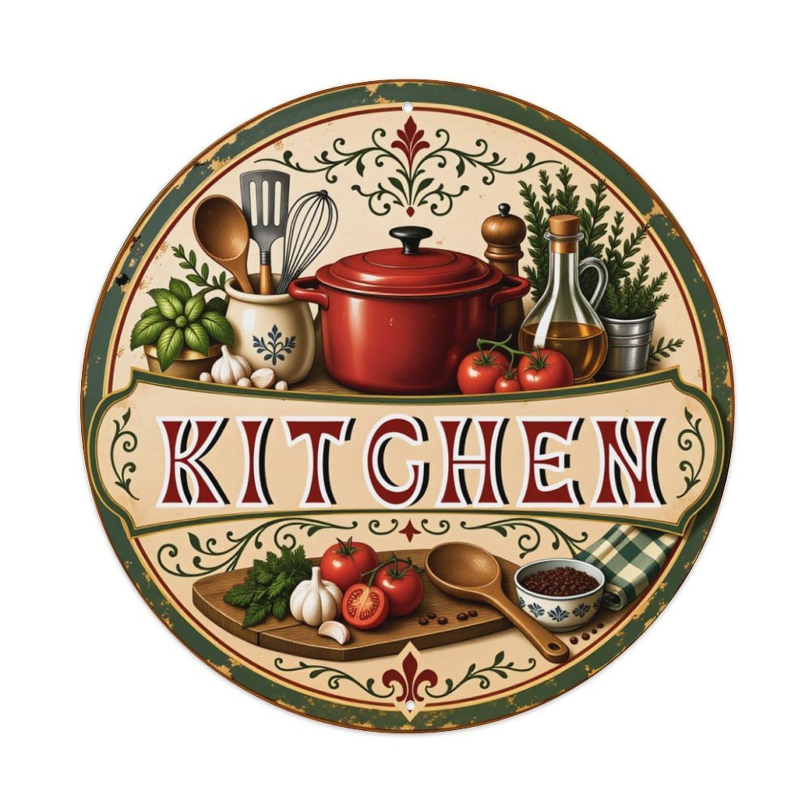 Kitchen Utensils Herbs Vegetables Pot Round Tin Sign Vintage Metal Sign Home Bar Garden Indoor & Outdoor Wall Decor Retro Metal Poster 8x8 Inch