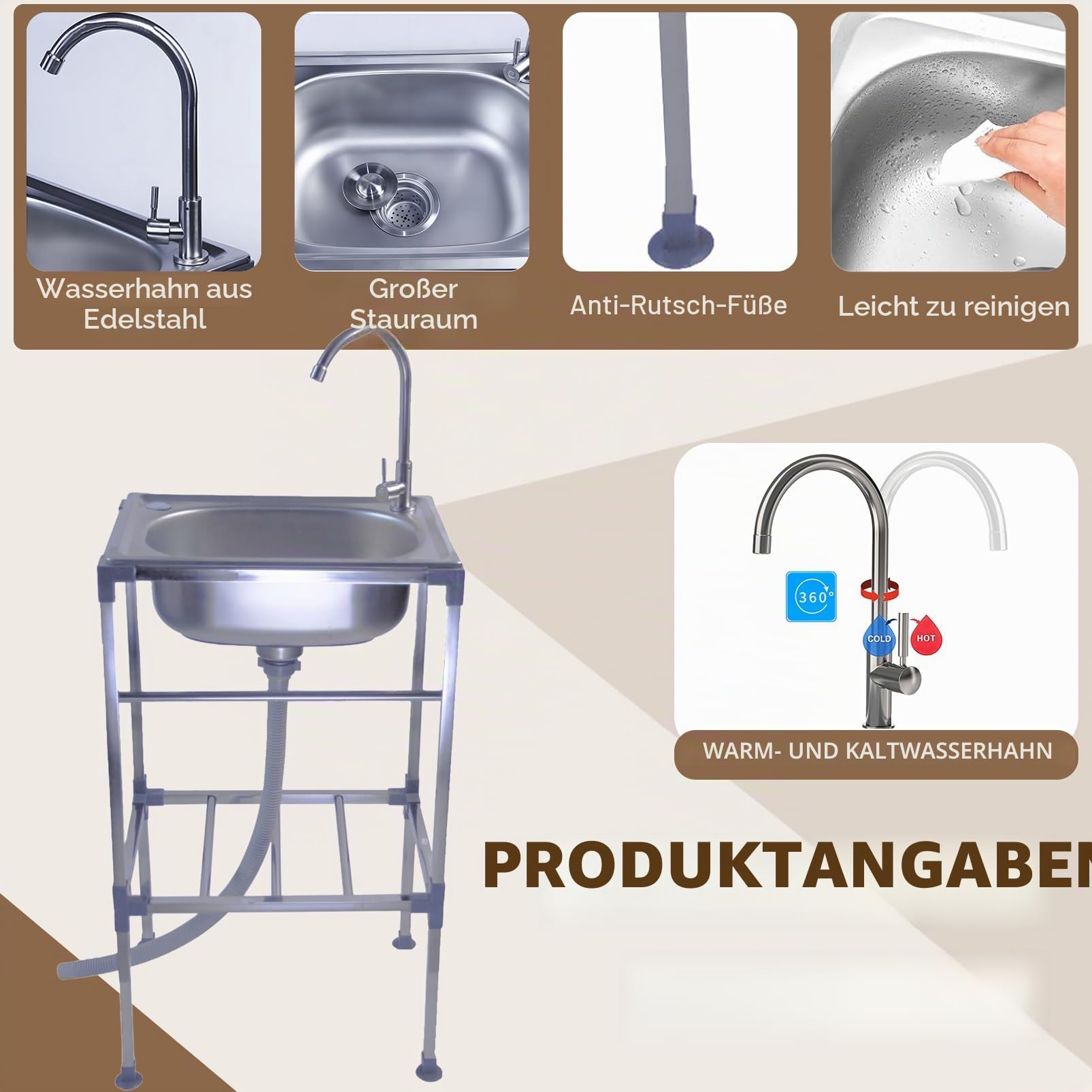 Edelstahlspüle mit Einzelnen Kaltwasserhahn, Freistehende Küchenspüle mit Ablaufgarnitur und Handtuchhalter, Geeignet für Restaurant, Garage, Camping, Garten, Balkon
