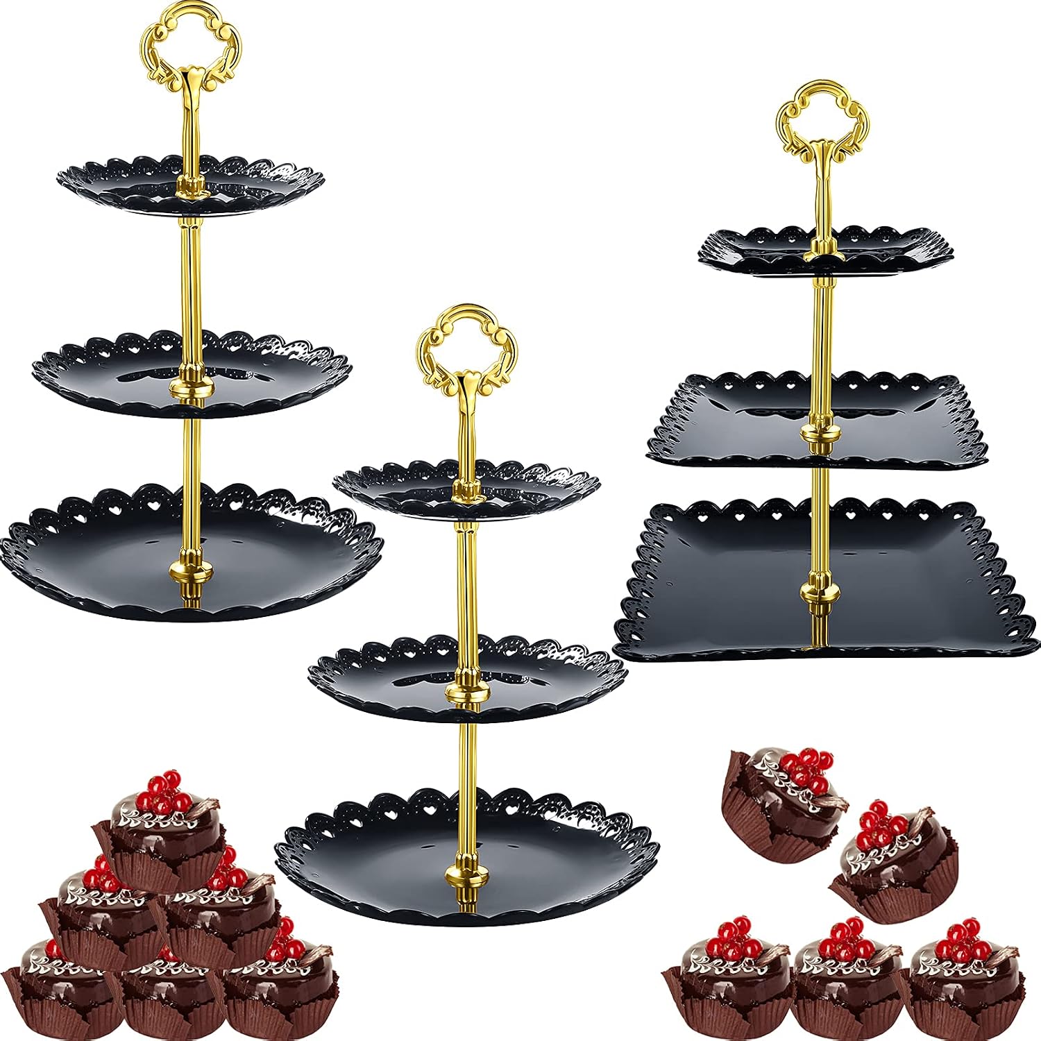 Honeydak 3 Sets 3 Tier Cupcake Serving Stand Cake Dessert Display,Black | Wedding Cupcake Stand, Plastic Dessert Cake Fruit Candy Table Display Set for Birthday Wedding Tea Party Baby Shower