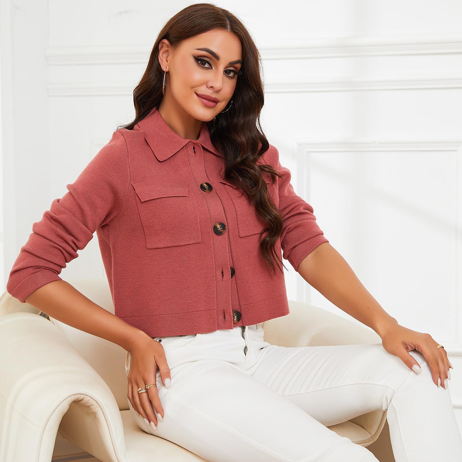 Shy Velvet Women 2026 Shackets Jacket Patch-Pocket Sweaters Merino Cardigan Open Front Button Down Cropped Jackets - Image 4