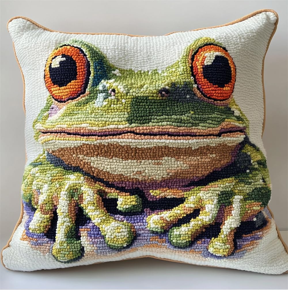 Latch Hook Pillowcase Embroidery Kit,Watercolor Frog Latch Hook Cushion Cover For Adults And Beginners, 17X17 Inch Embroidery Kits 43X43Cm,Diy Needlework Pillow Cover Cushion Rug Making Kit,