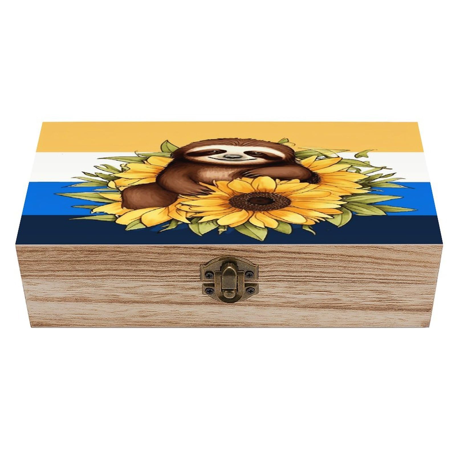 Cartoon Sloth Sitting on Sunflower Wood Keepsake Box Wooden Box with Hinged