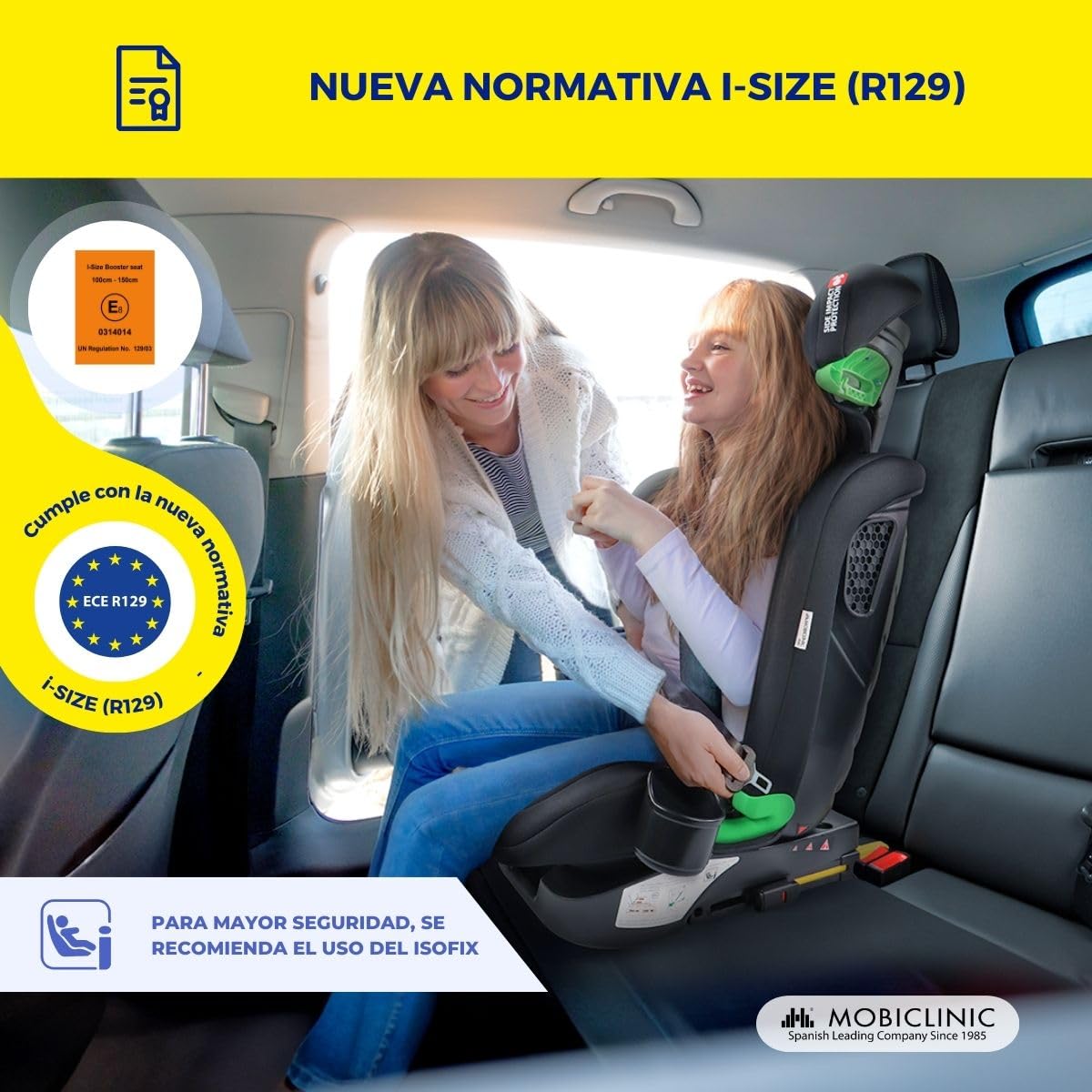 Mobiclinic® kids, Silla de coche, I-size, Isofix, Grupo 2/3, 36kg, 4-12 años, Evolutiva, 100-150cm, Protección lateral, Reposacabezas regulable, Reclinable 3 posiciones, Portabotellas