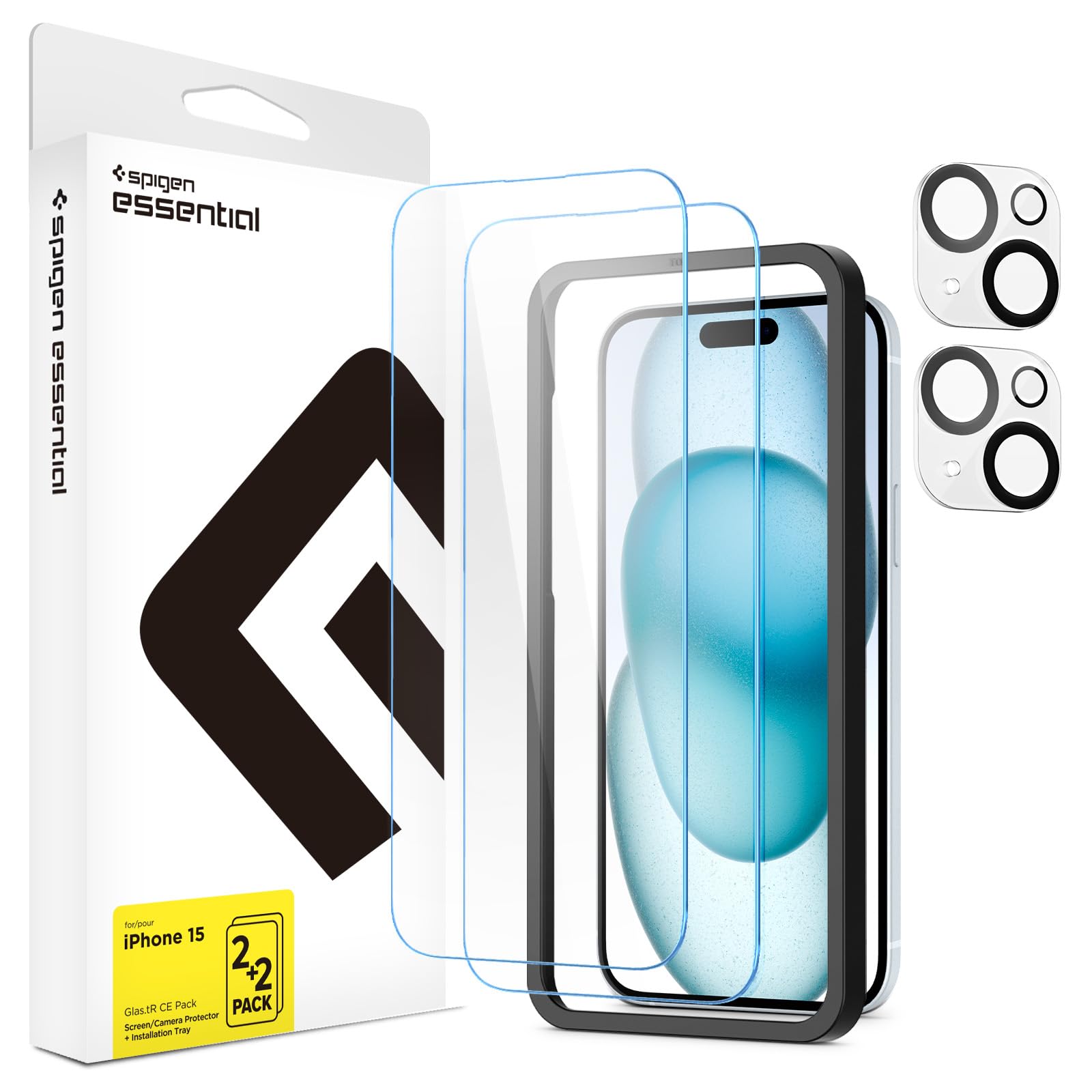 Spigen Essential Glas.tR CE Pack Tempered Glass Screen Guard for iPhone 15 [Glass 2 Pack + Camera Lens Protector 2P + Alignment Tool] (B0DFLK5ZHV) Amazon Price History, Amazon Price Tracker