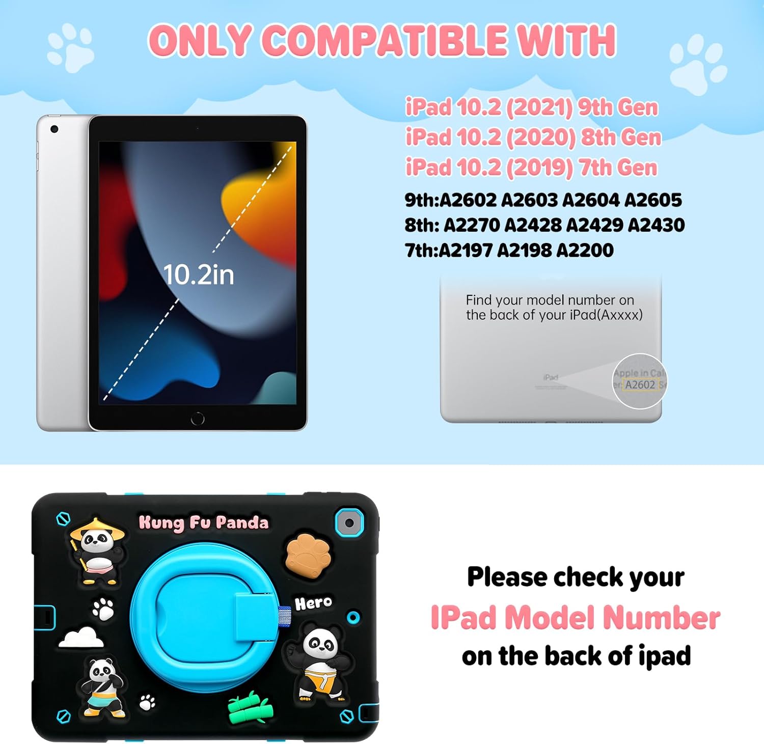 Case for iPad 9th/8th/7th Generation,Cute 3D Cool Panda Warrior Design Cover with Screen Protector, Rugged Protective Cartoon Case with Stand/Strap/Pen Slot for iPad 10.2 Kids Teens (Black+Blue)