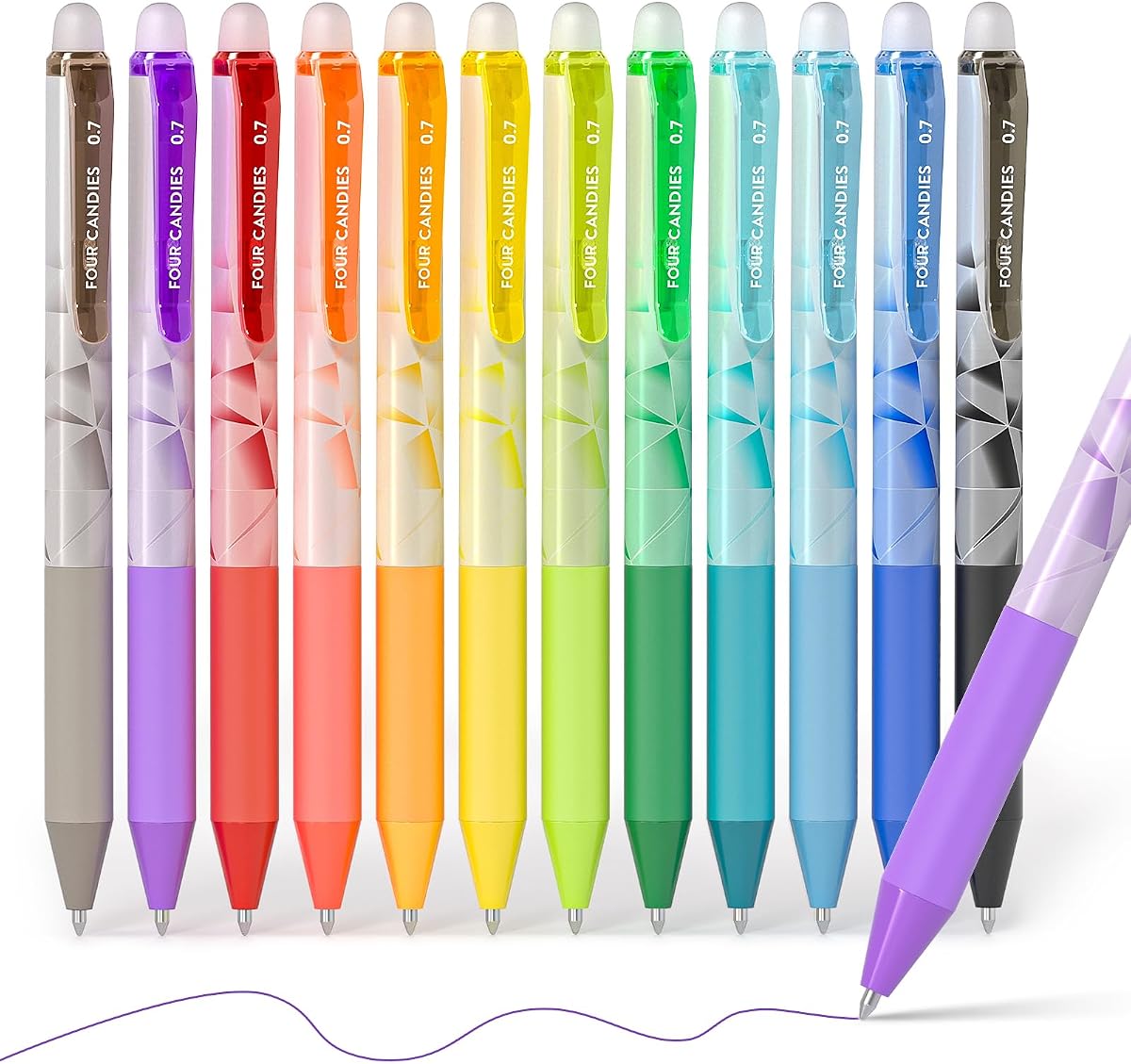 Four Candies Retractable Erasable Gel Pen, Fine Point, 0.7mm, 12 Colors | Make Mistakes Disappear, Vibrant Assorted Color Erasable Pens for Writing, Planners & Crossword Puzzles