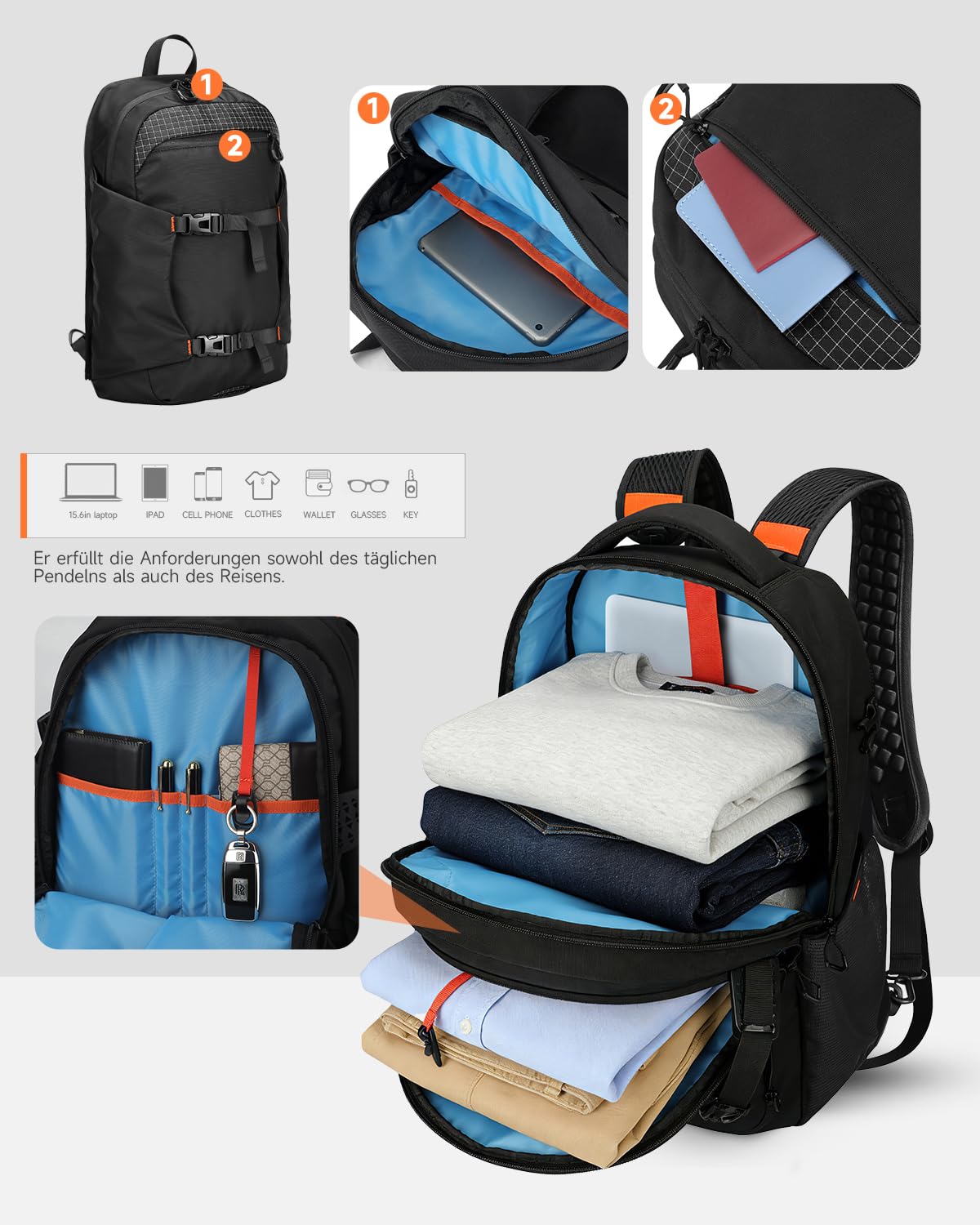 Rucksack herren Set Handgepäck Rucksack mit abnehmbarer Tasche, 2-in-1 rucksack handgepäck flugzeug mit 17 Zoll Laptopfach, verstellbare Gurte für Business & Urlaub Schwarz