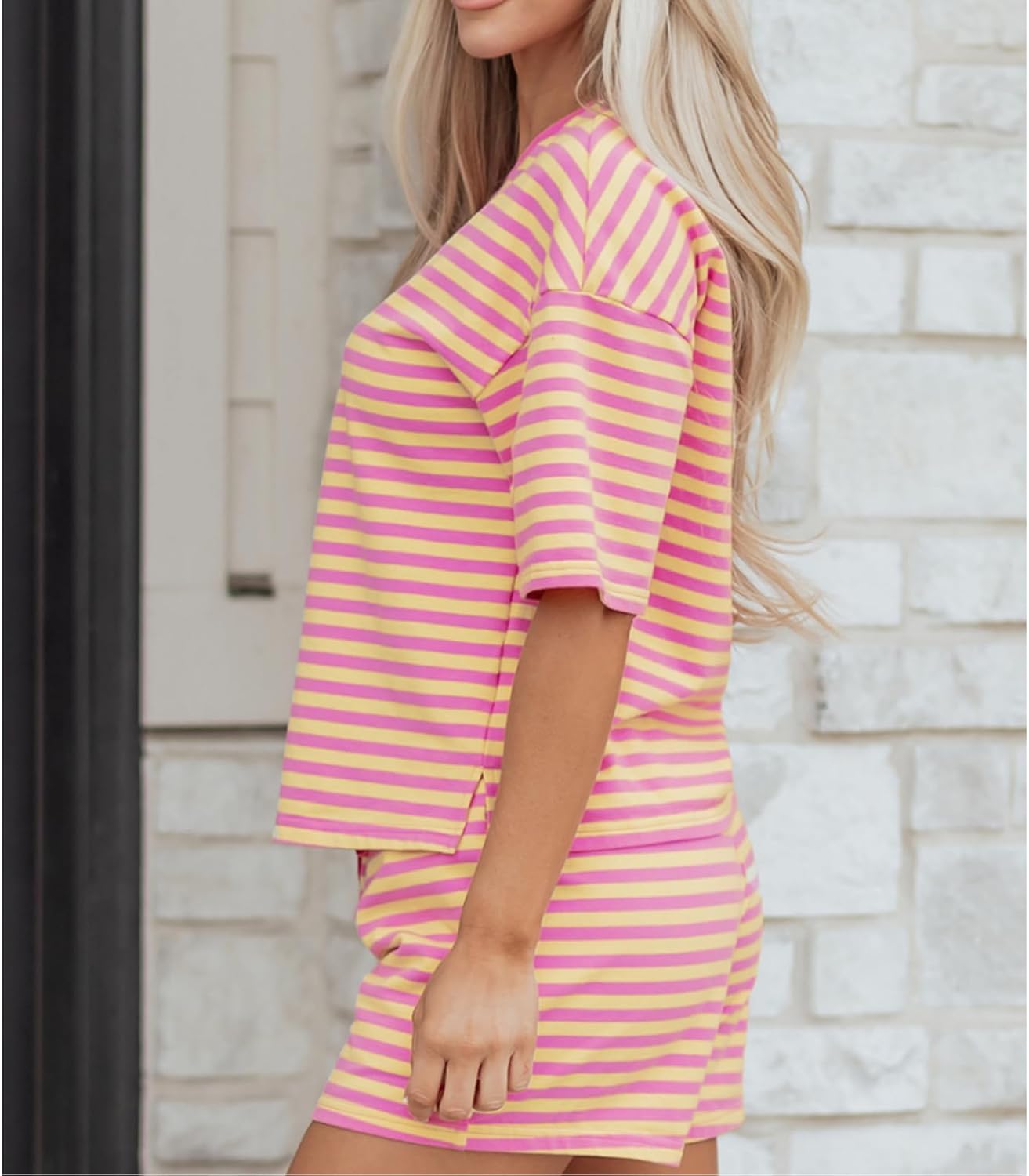 Womens Lounge Two Pieces Sets Summer Striped Matching Pajamas Set Short Sleeve Tshirts Drawstring Shorts Outfits