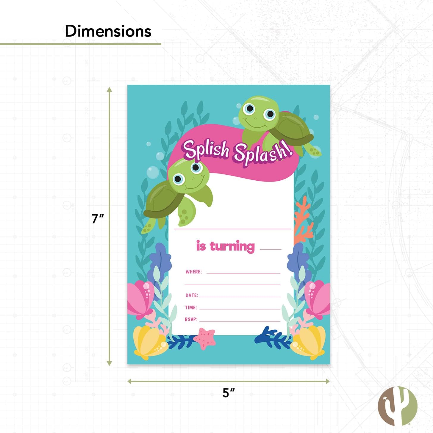 Desert Cactus Turtle Happy Birthday Invitations Design Style 1 Invite Cards (25 Count) with Envelopes Boys Girls Kids Party (25ct)