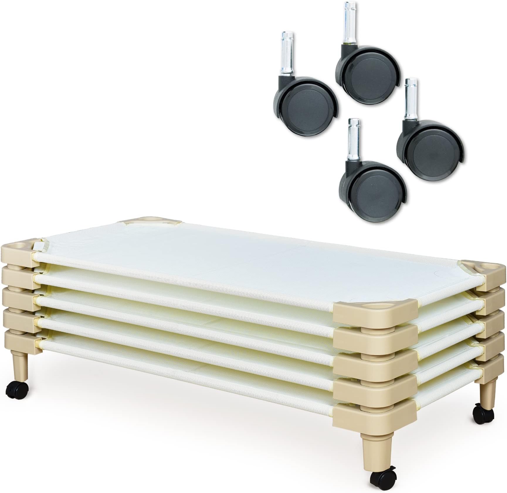 Kids Stackable Daycare Cot Rest Mat with Easy Lift Corners for Toddler Naptime at Preschool Classroom,Standard 22" W x 52" L (Ivory/Pack of 5, Wheels Included)
