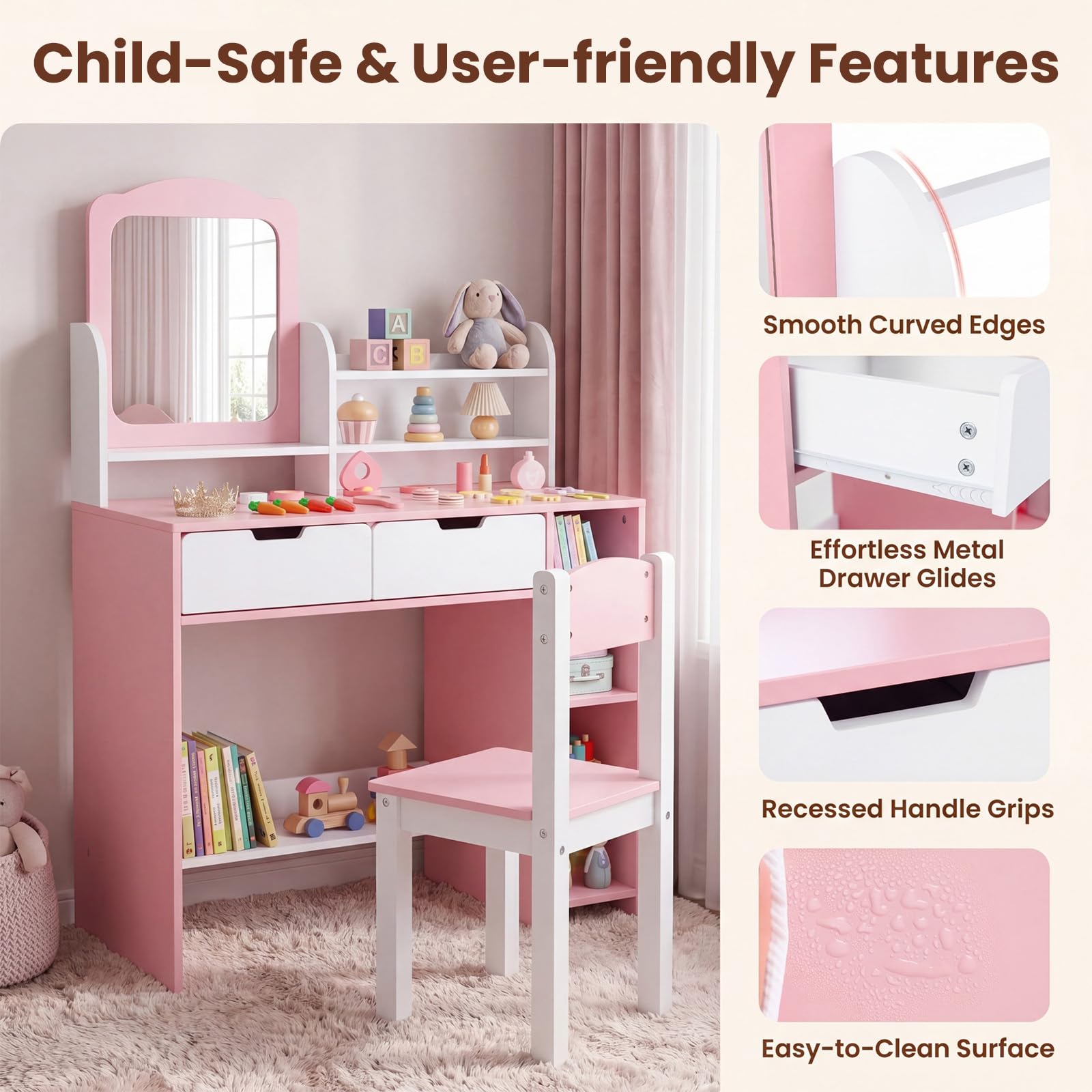 RELAX4LIFE Coiffeuse Enfant avec Miroir et Tabouret, Rangement Multiple