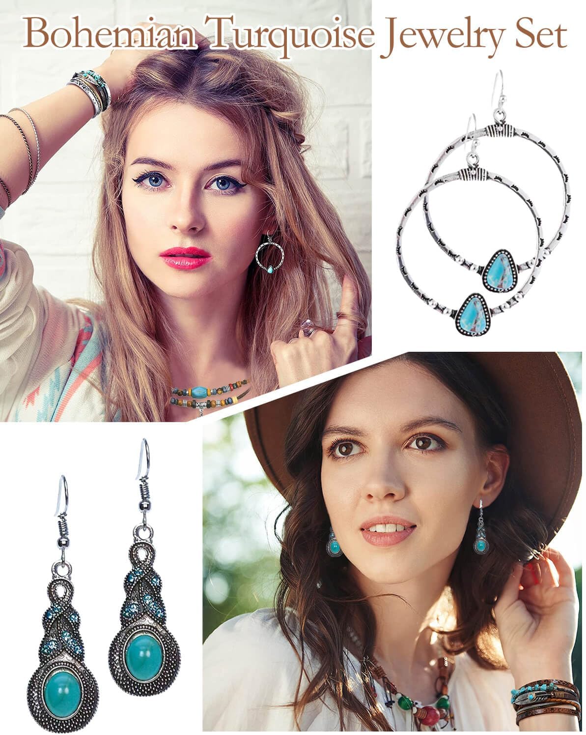 Western Jewelry Set for Women - Bohemian Turquoise Pendant Choker, Faux Leather Cuff Bracelet, Hoop Dangle Earrings, Opal Joint Knuckle Rings - Image 6