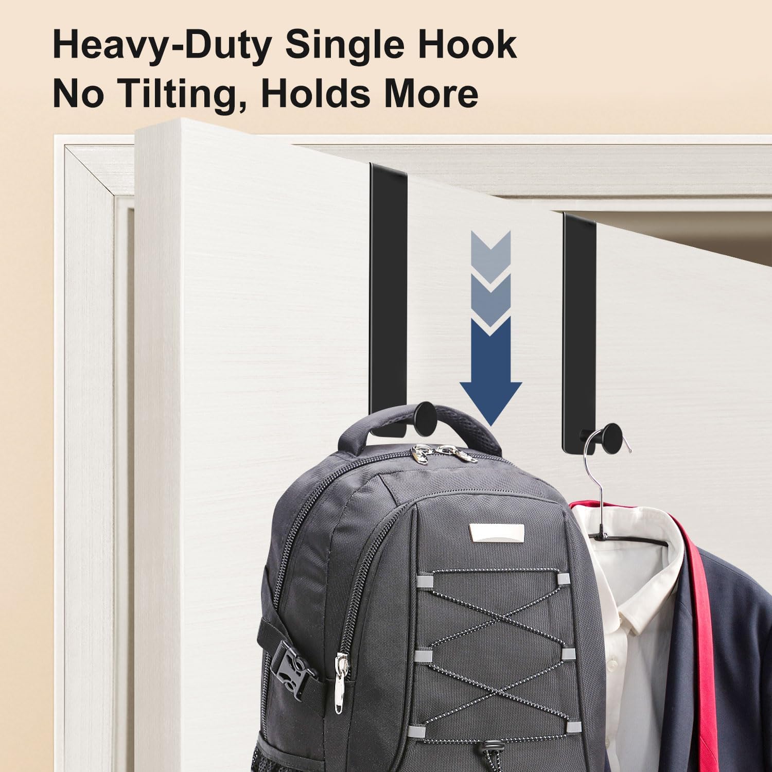 Heavy-Duty Over The Door Hooks, 2 Pack Over Door Hook fit 1-3/4" Thick Doors, Single Metal Door Hanger Hooks for Hanging Towel Clothes Coat Bags with 4 Furniture Pads, Black