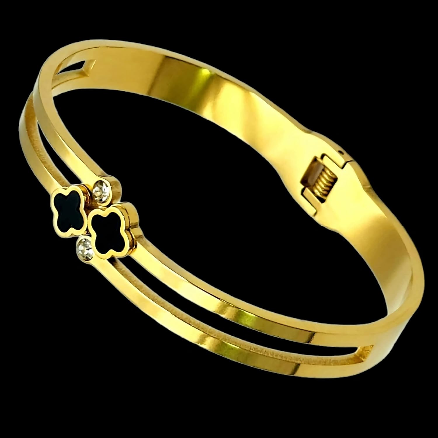 Dainty Clover Bangle Bracelet Stainless Steel Gold Plated With Crystal Accents - Image 6