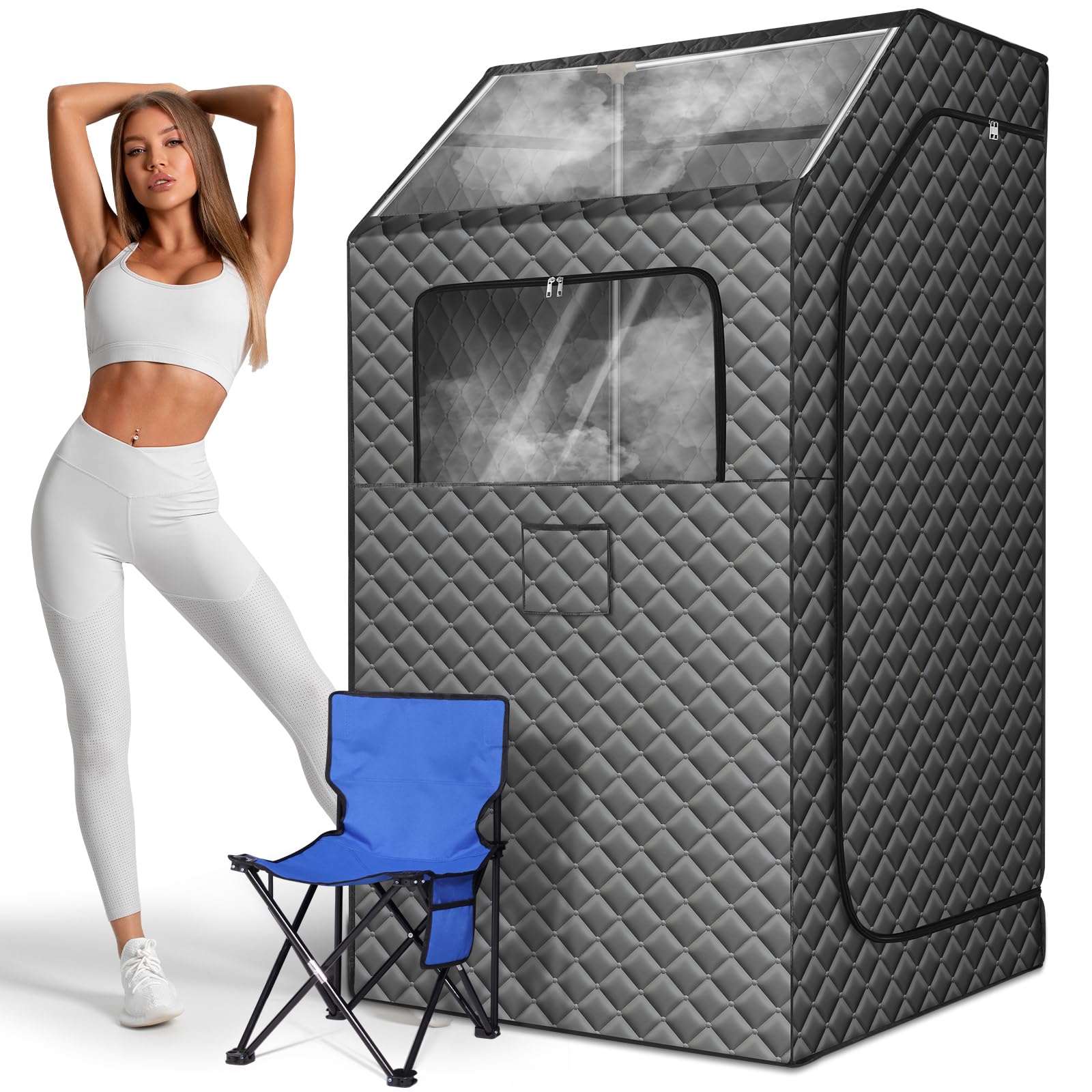 Upgraded Portable Steam Sauna, Portable Sauna Box for Home, Home Sauna Tent Full Body, 1200W 3L Steam Generator, 99 Minute Timer, Folding Chair, Remote Control Included (Grey)