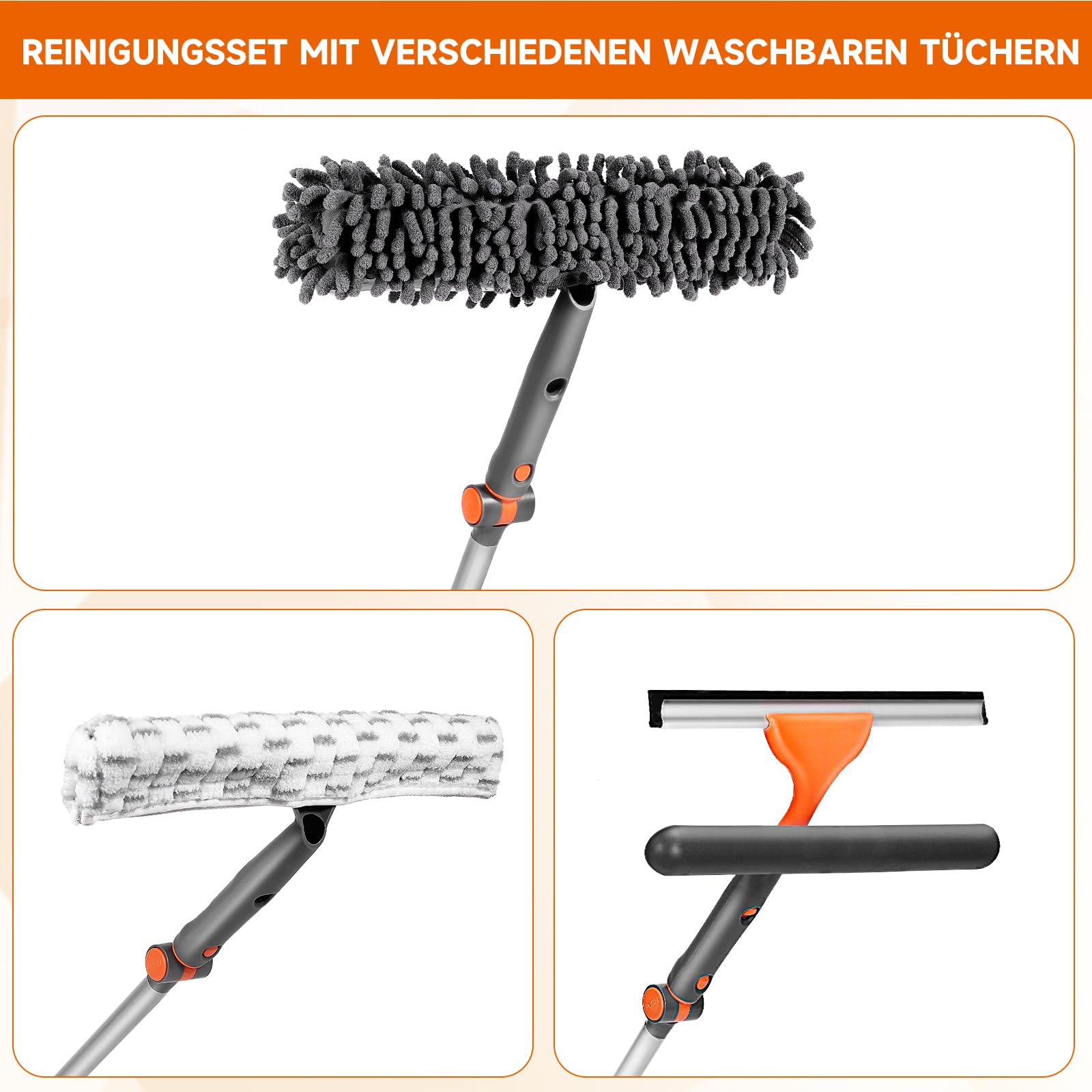Set di pulizia per finestre 2 in 1 con asta estraibile, set per la pulizia delle finestre con testa flessibile per vetri interni ed esterni auto (Kit2.0)