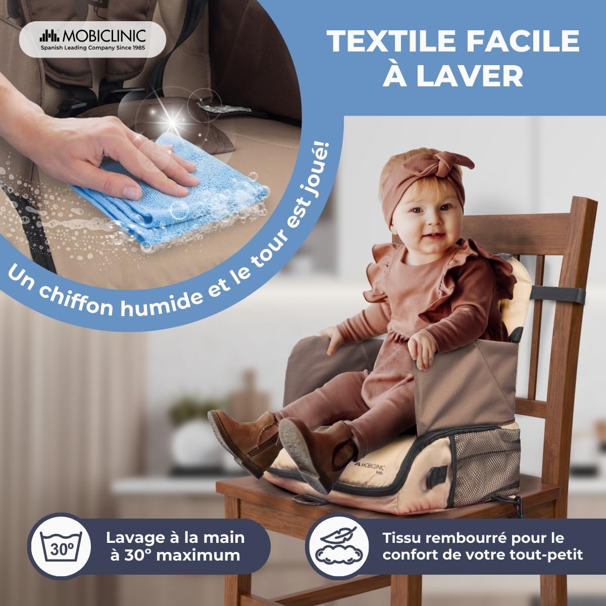 Mobiclinic®, Rehausseur Chaise Enfant, Pliable, avec Compartiments de Rangement, de 6 à 36 Mois, Jusqu'à 15 kg, Harnais Réglable à 5 points, Rehausseur pour Bébé, Idéale pour les Repas, Grise, Monkey