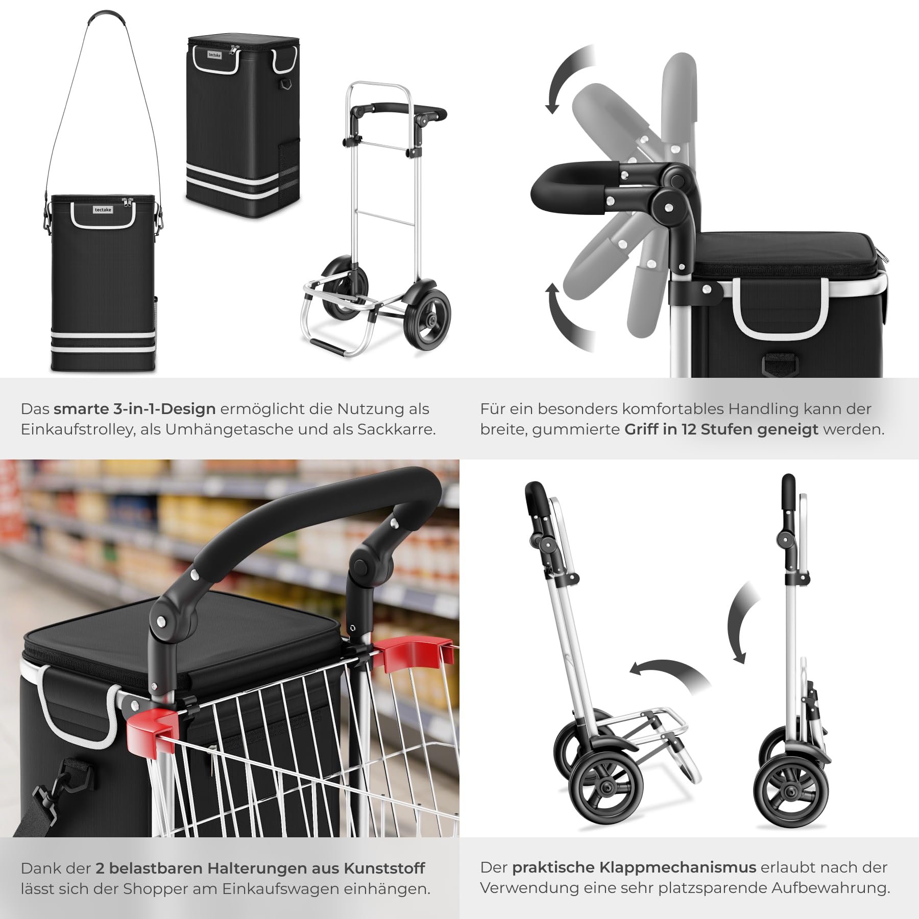 tectake® Einkaufstrolley 3-in-1 klappbar mit Kühltasche, 30 kg belastbar, 45,5 L, Einkaufsroller, Shopper, Sackkarre, Umhängetasche, Trolley Tasche, höhenverstellbarer Griff, Alu Gestell - schwarz