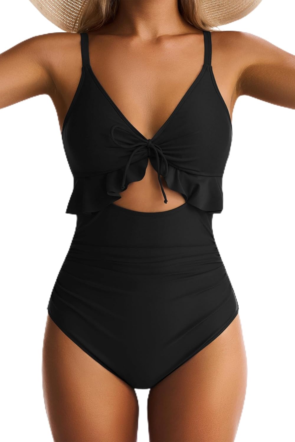 Women One Piece Swimsuit Tummy Control Ruffle Bathing Suit Cutout V Neck Swim Suit Ruched Slimming Swimwear