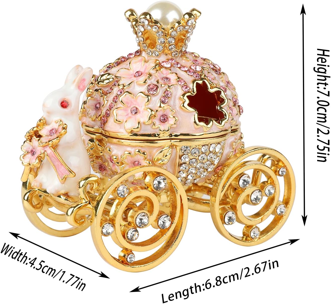 Bunny Pumpkin Carriage with Flowers Jewelry Trinket Box Hinged Hand-Painted Enamel Ornaments Gift for Home Decor (Pink) - Image 8