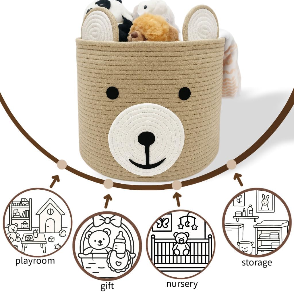 Baby Laundry Basket, Bear Basket, Baby Shower Baskets, Bear Gift Baskets for Kids, Nursery, Toy Storage, Cotton Rope Hamper with Handles (Light Brown, 15" D x 13" H)
