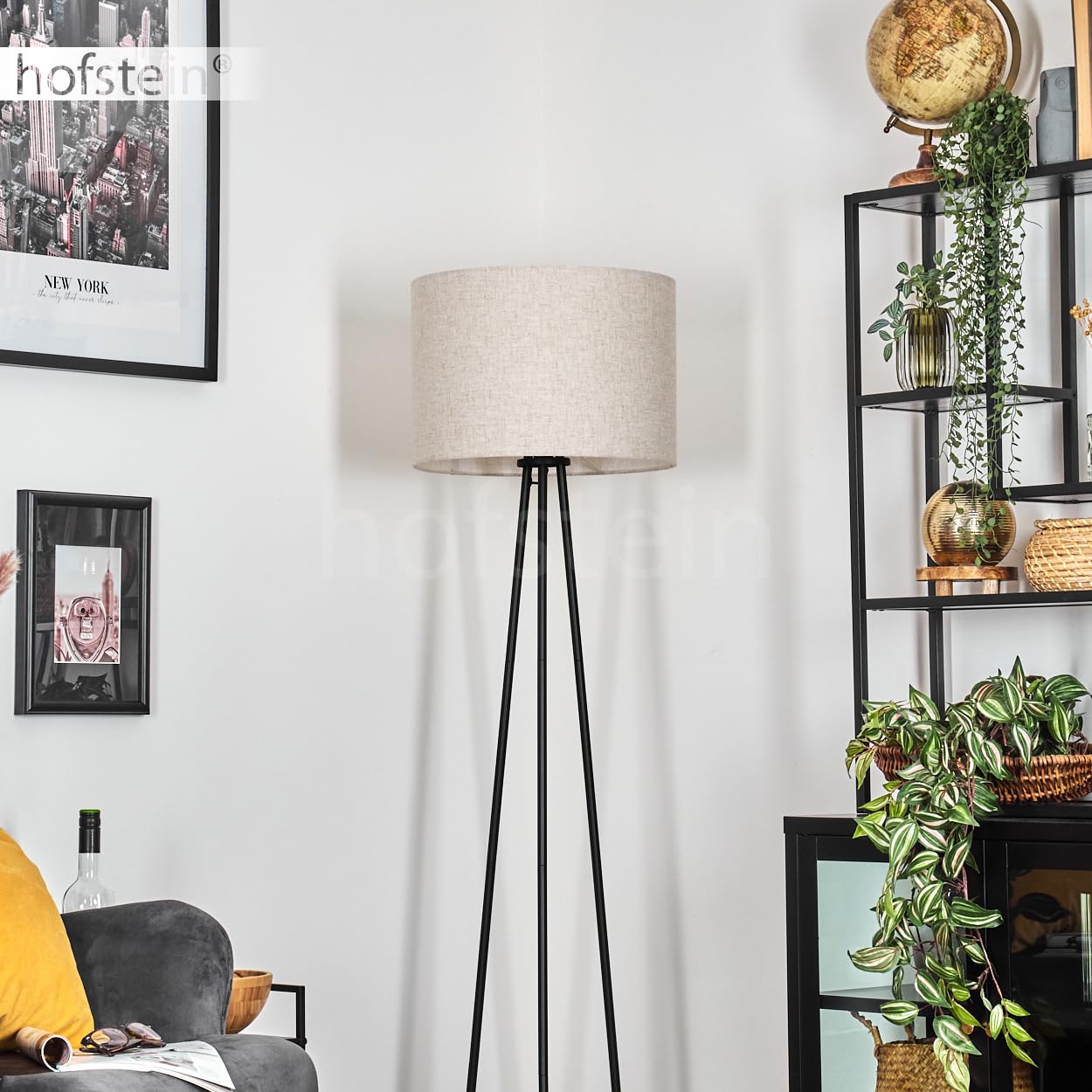 Stehleuchte Bassagoda, Stehlampe aus Metall/Stoff in Schwarz/Beige, Leuchte im modernen Design mit rundem Schirm (Ø 40 cm) u. Fußschalter, Höhe 152 cm, 1 x E27, ohne Leuchtmittel