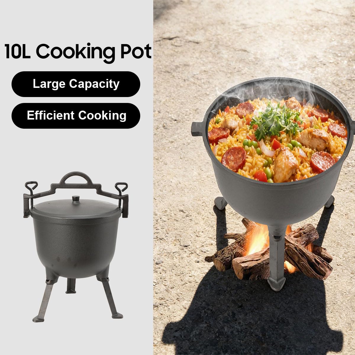 Chaudron à goulasch de 10 l - Chaudron en fonte - Chaudron de chasse - Avec pieds et couvercle - Casserole à goulasch - Pour la cuisine en plein air, le jardin, le camping, le barbecue