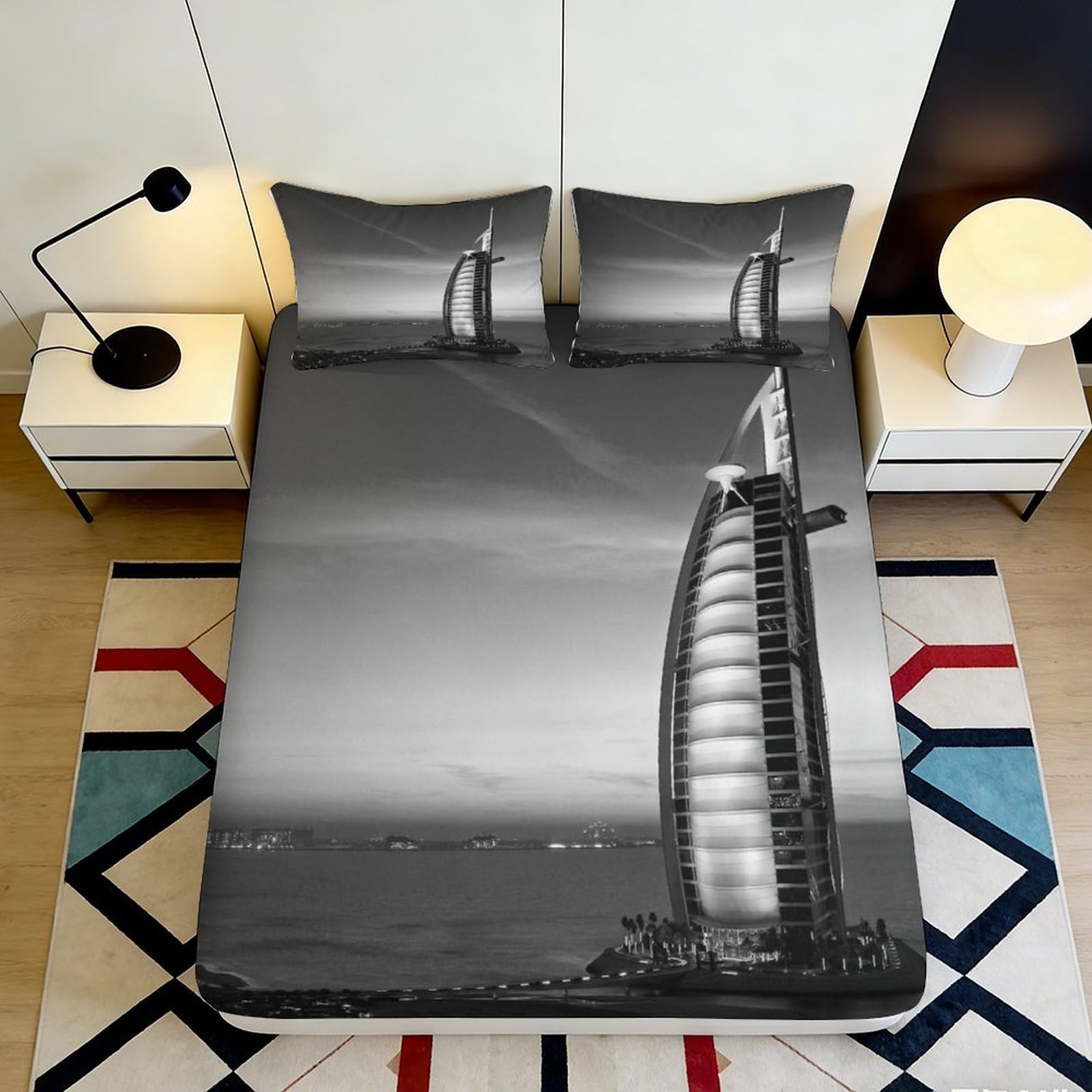 3D Printed Modern Architecture Fitted Sheet Microfiber Deep Pocket Non-Slip for Adults Bedroom Set Modern Architecture Mattress Fitted Cover Washable 140x200x25cm