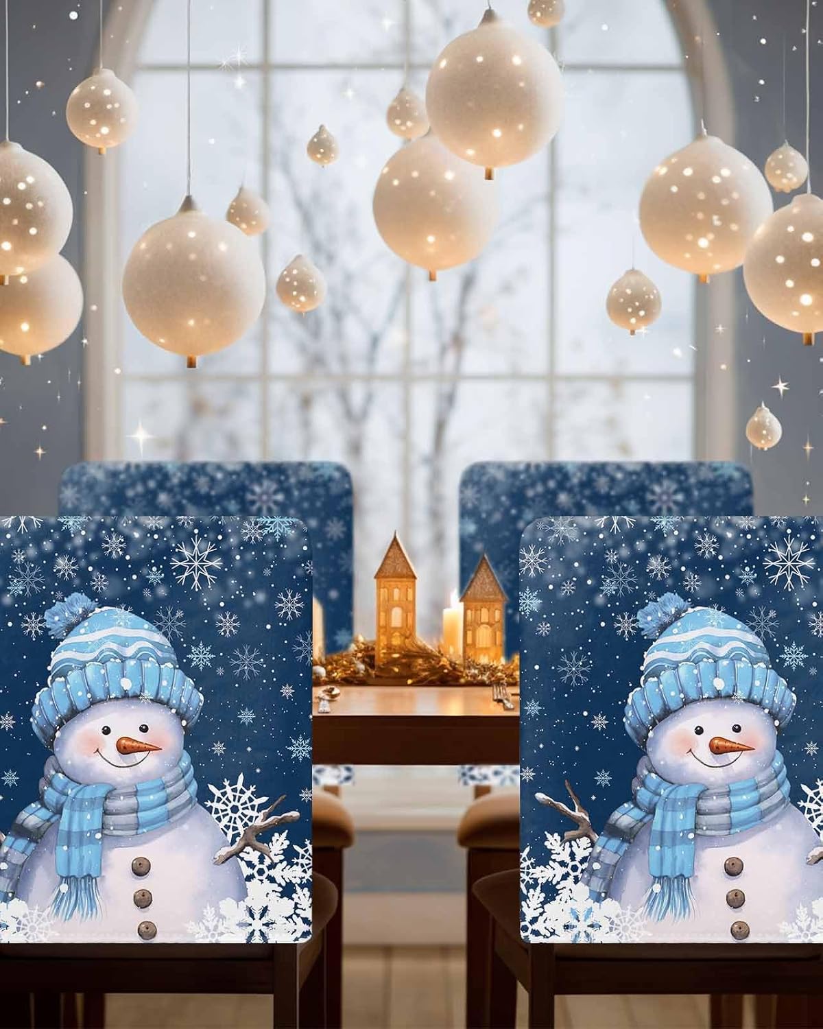 Christmas Chair Back Cover Snowman Snowflake Dining Chair Slipcovers Blue Removable Strench Chair Protector for Kitchen Decoration Set of 4