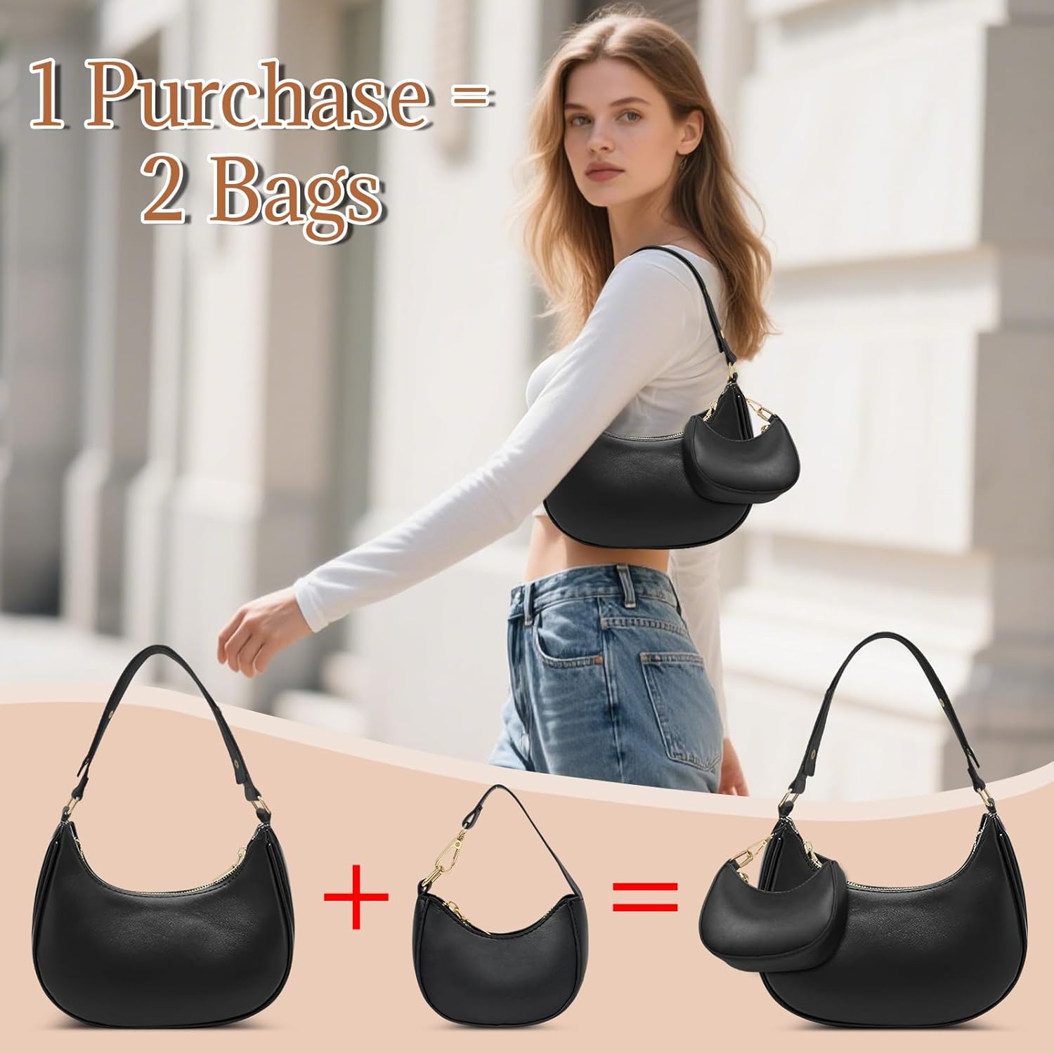 AUDTOPE Shoulder Bags for Women, Crescent Moon Handbag Cute Hobo Bag Faux Leather Mini Clutch Purse with Zipper Closure - Image 2