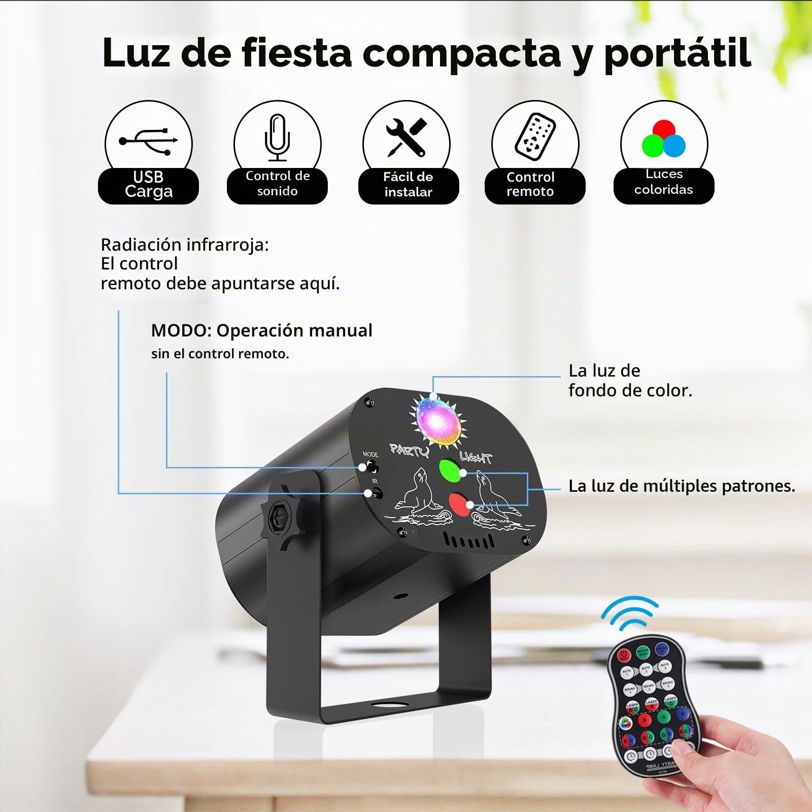 Luces de discoteca LED RGB con mando a distancia inalámbrico，Luces de fiesta con 60 combinaciones de iluminación Batería integrada y cable USB Adecuado para fiestas, discotecas, KTV, Halloween