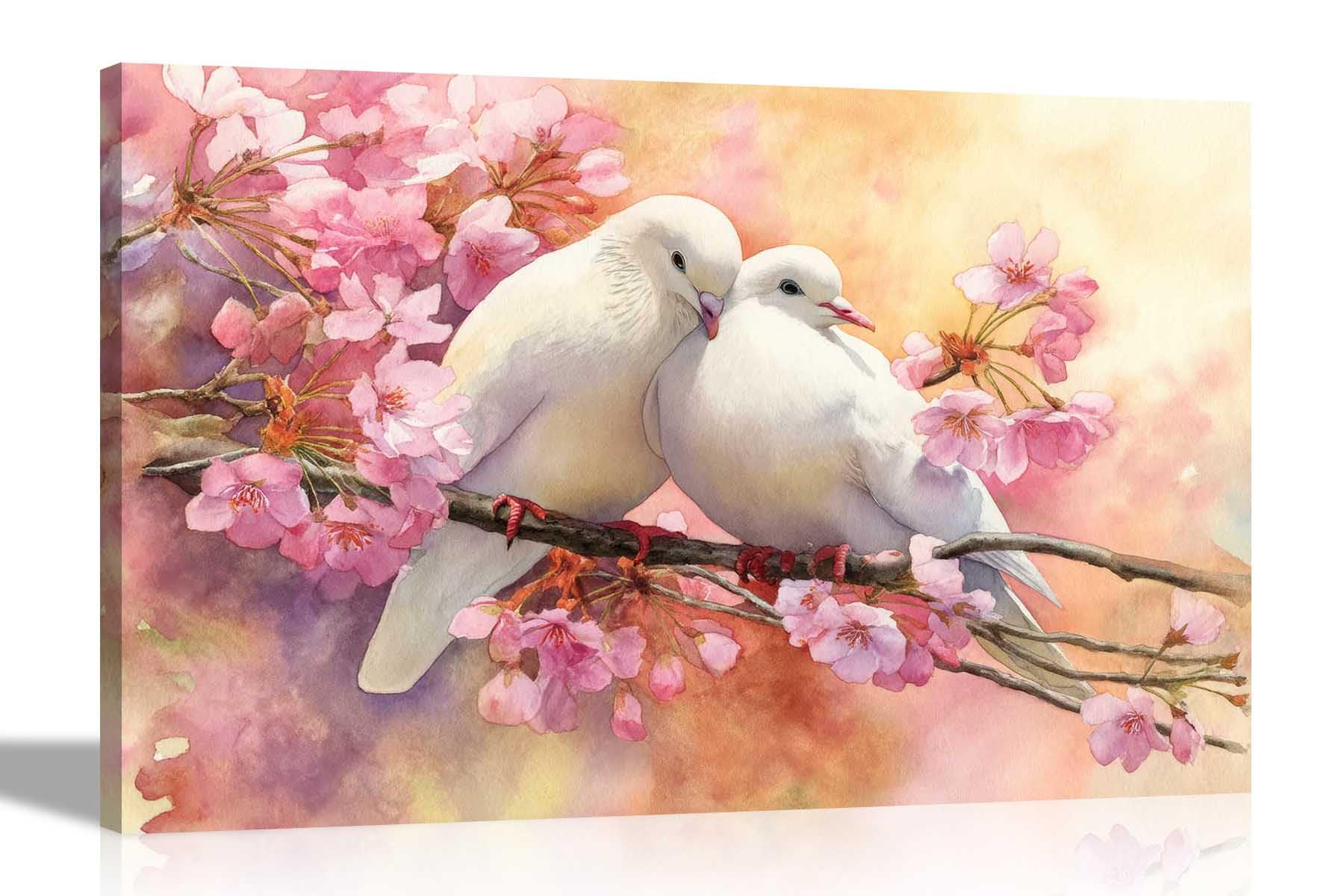 Artley Prints Loving Doves On Branch - White Birds On Pink Tree Watercolor Painting Canvas Wall Art Prints Home Decor Office Bedroom Pictures 60 X 40Cm (24 X 16 Inches) A2