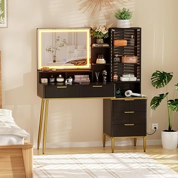 Makeup Vanity Desk With HD Lighted Mirror & Power Outlet, Modern Glass Top Elegant Fluted Vanity Desk With Acrylic Protective Door, 5 Drawers and Storage Shelf,Dressing Table for Bedroom Women Girls
