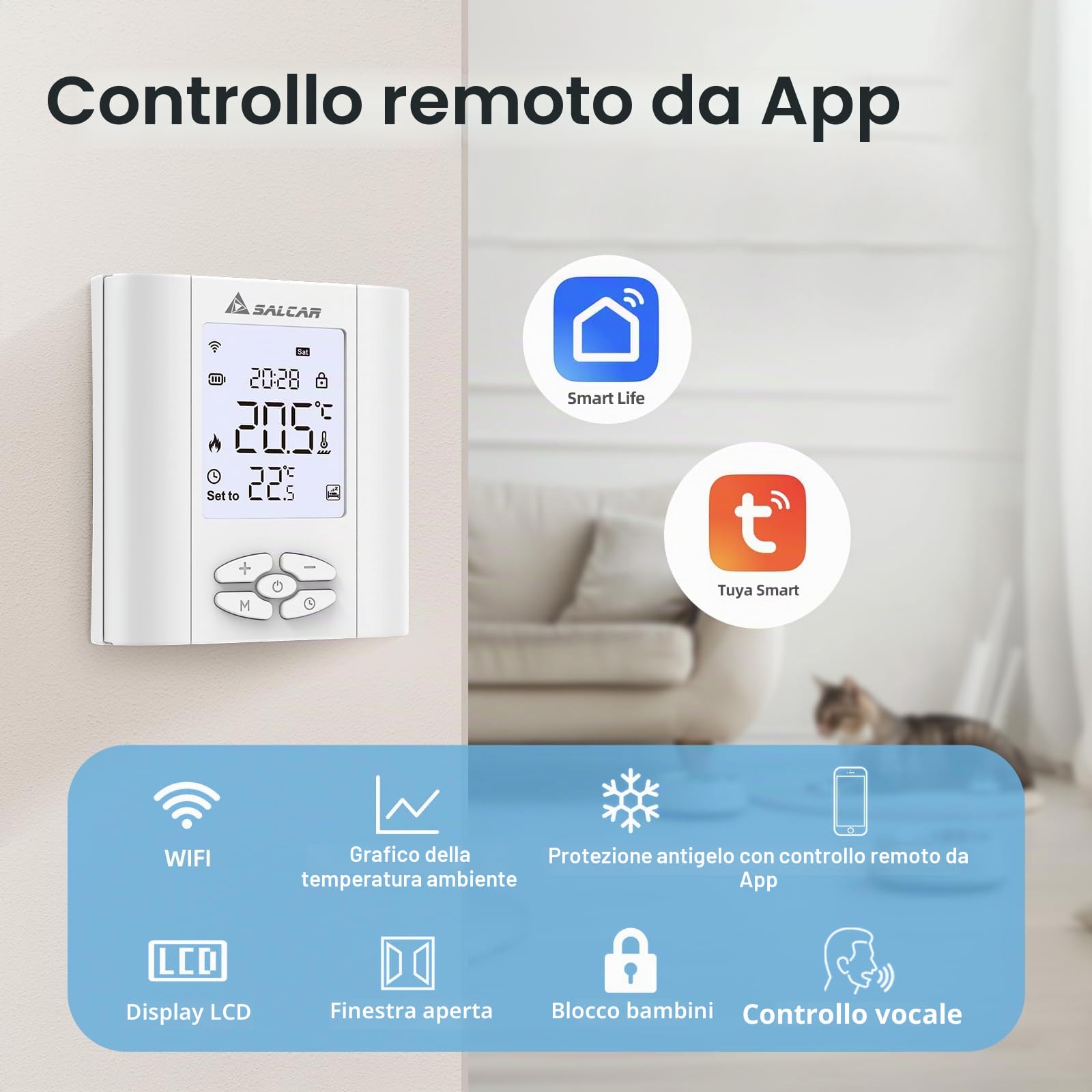 SALCAR Termostato intelligente per riscaldamento Wi-Fi, T5W, programmabile, termostato da parete WiFi con Umidità, compatibile con Alexa e Google
