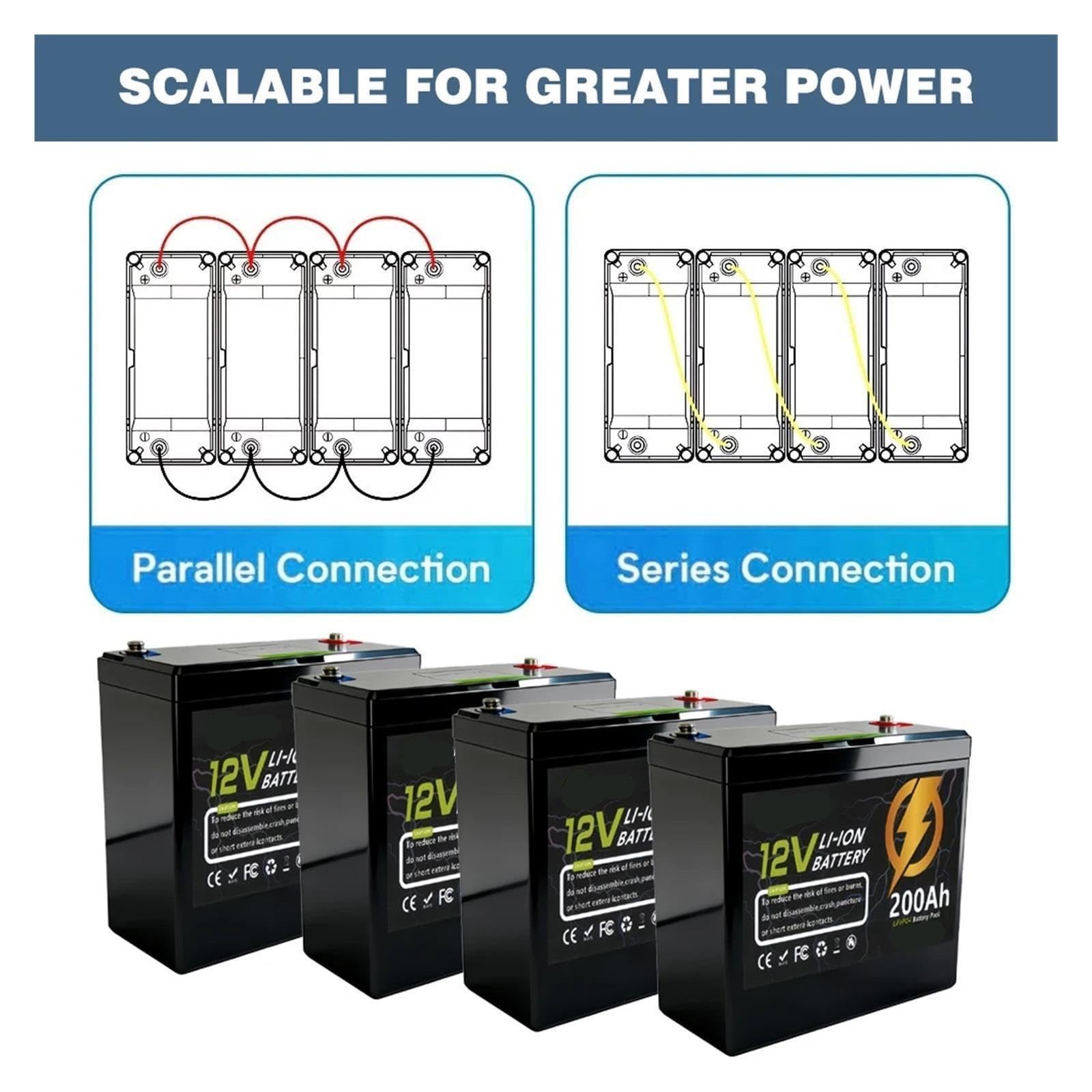 Batteria LiFePO4 12V 200Ah 3600Wh 200A Celle BMS A+ Integrate