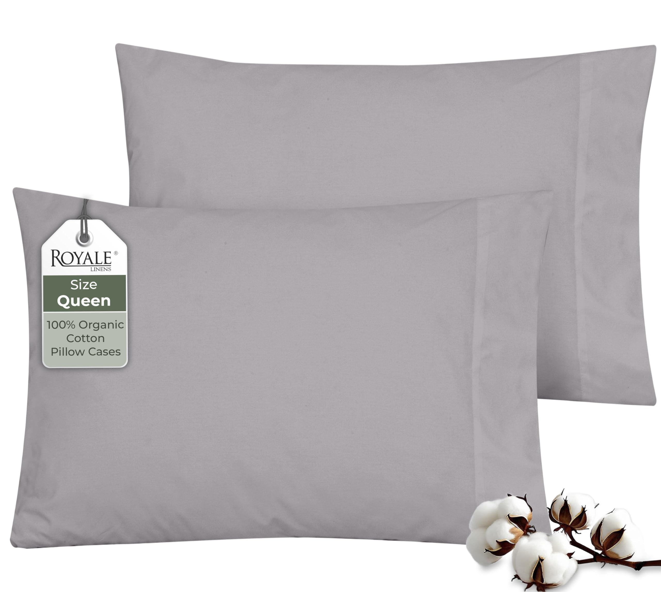 ROYALE LINENS 100% Organic Cotton Percale Pillowcases Set of 2 - Queen Size Percale Pillowcase - Queen Set of 2 Pillow Cover - Breathable, Cool &amp; Crisp Pillow Cases (20"x30", Silver)