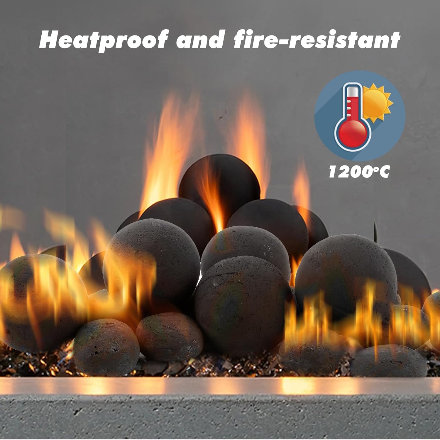 Ceramic Fire Pit Stones Set - Includes 12 Black Pebble Stones and 5 Round 3-Inch Balls for Indoor & Outdoor Fireplaces and Fire Pits - Safe and Reusable