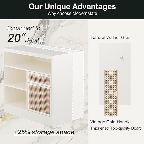 Miniatura 7 de Archivador lateral de ratán de 2 cajones, archivador de madera para oficina en casa con cerradura, tira de alimentación y estantes